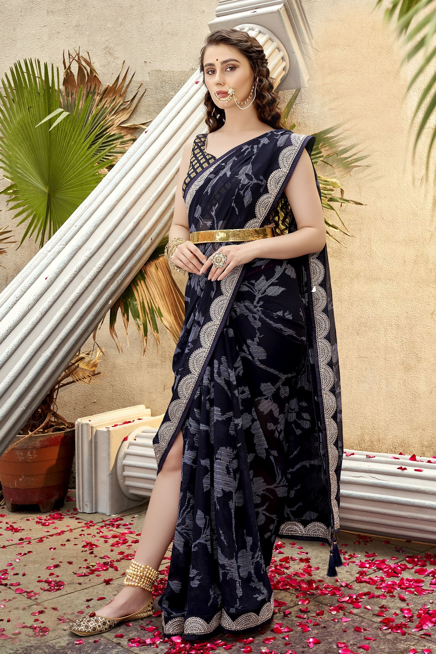 Elegant Navy Blue Georgette Art Silk Saree for Party & Wedding Wear