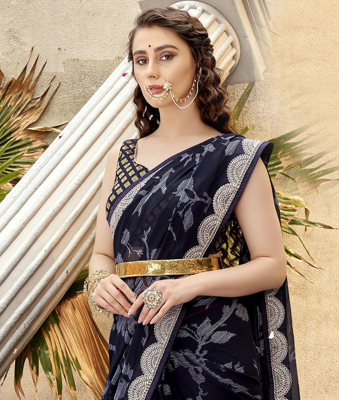 Elegant Navy Blue Georgette Art Silk Saree for Party & Wedding Wear