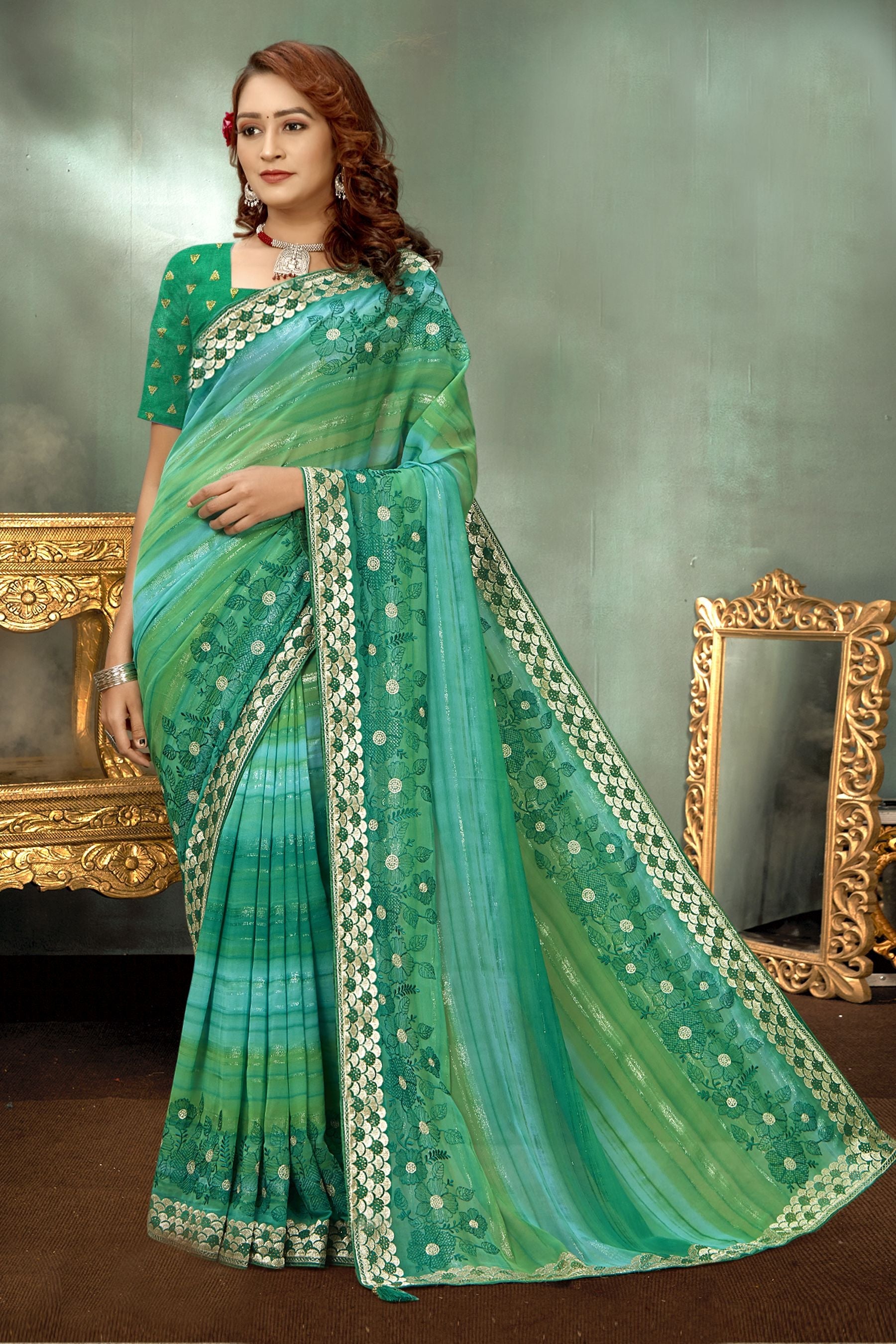 Turquoise Georgette Saree: Exquisite Party & Wedding Wear Elegance