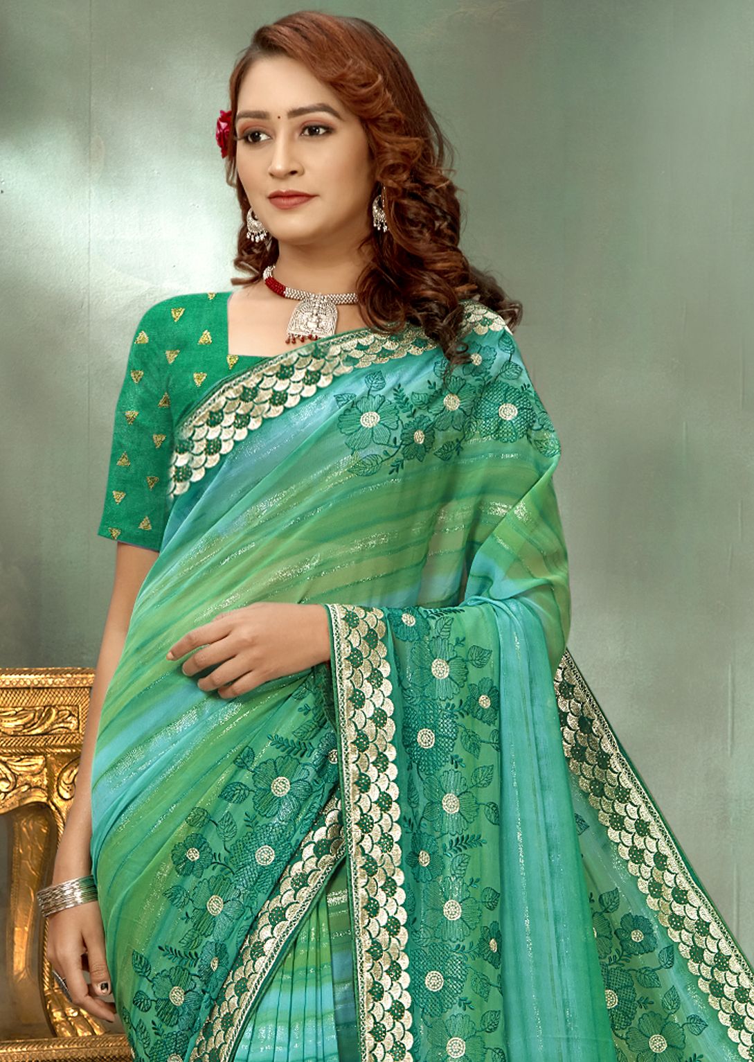 Turquoise Georgette Saree: Exquisite Party & Wedding Wear Elegance