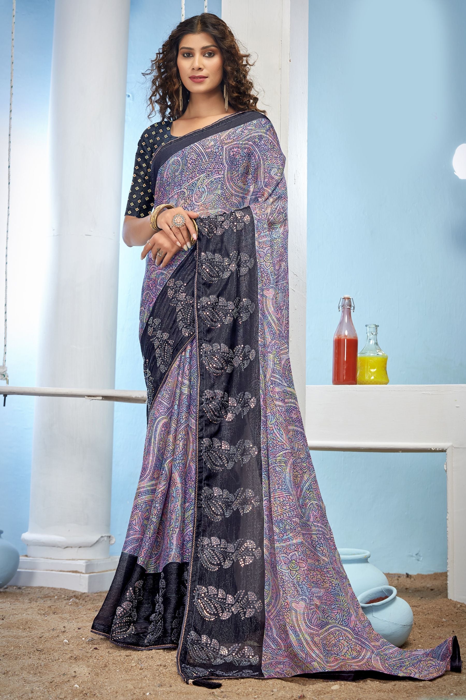 Elegant Black Chiffon Brocade Saree: Perfect for Parties and Weddings