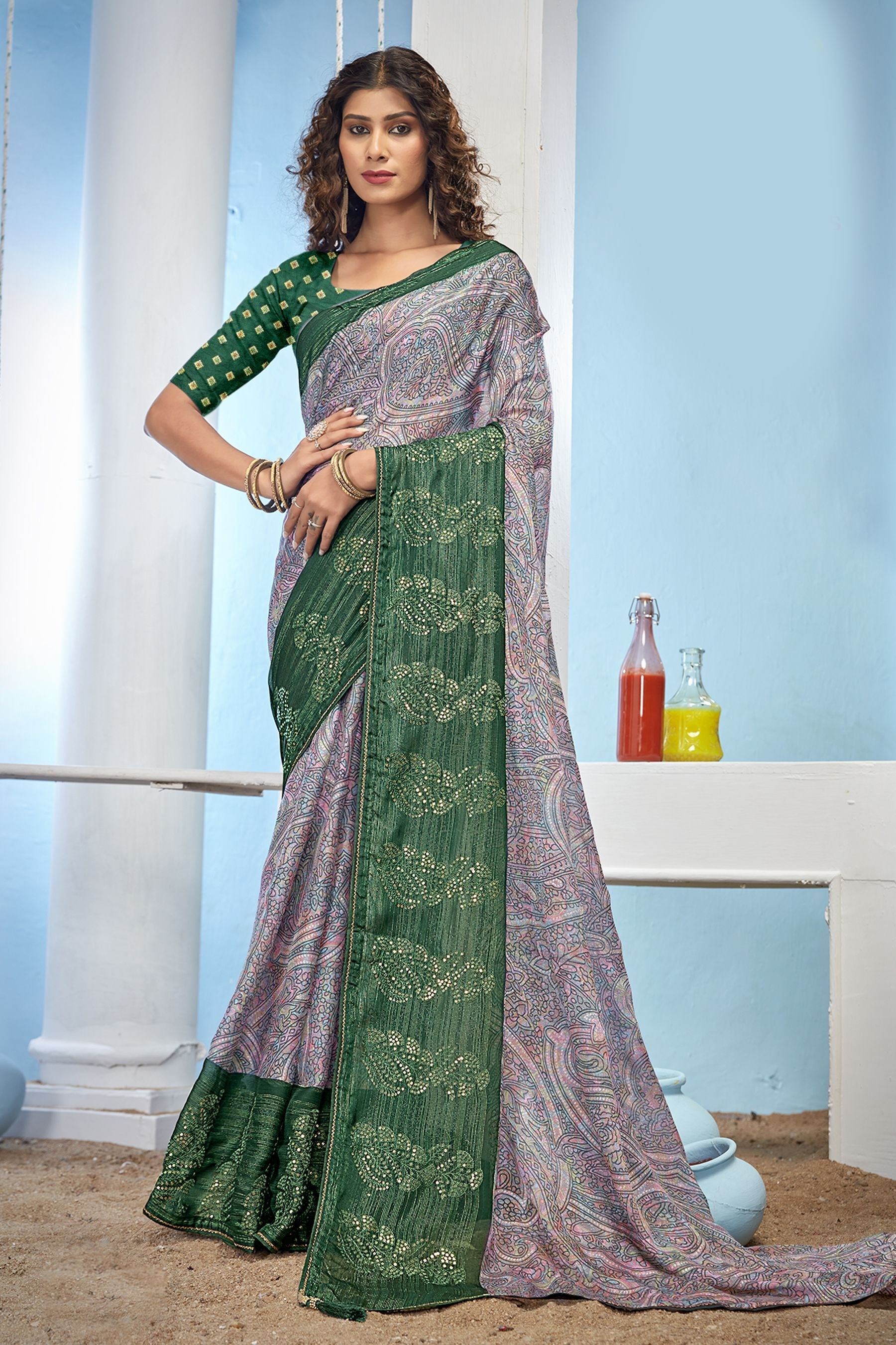 Elegant Green Miss Chiffon Brocade Saree: Perfect for Parties and Weddings