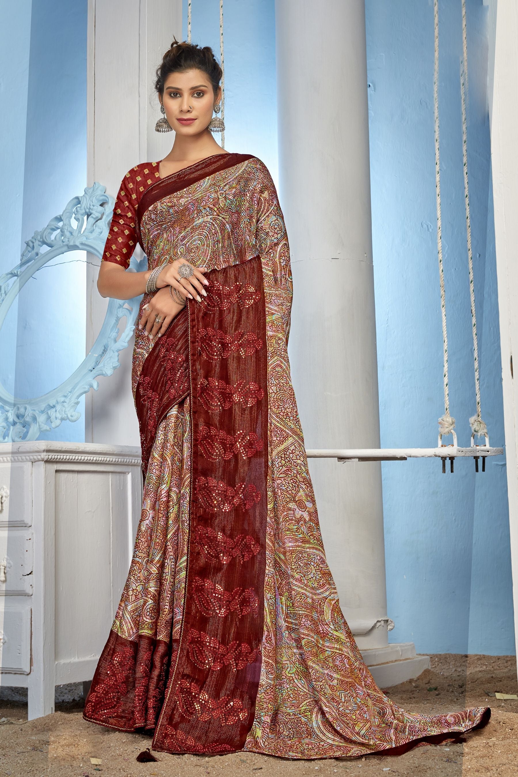 Elegant Maroon Saree: Party & Wedding Wear with Miss Chiffon Brocade