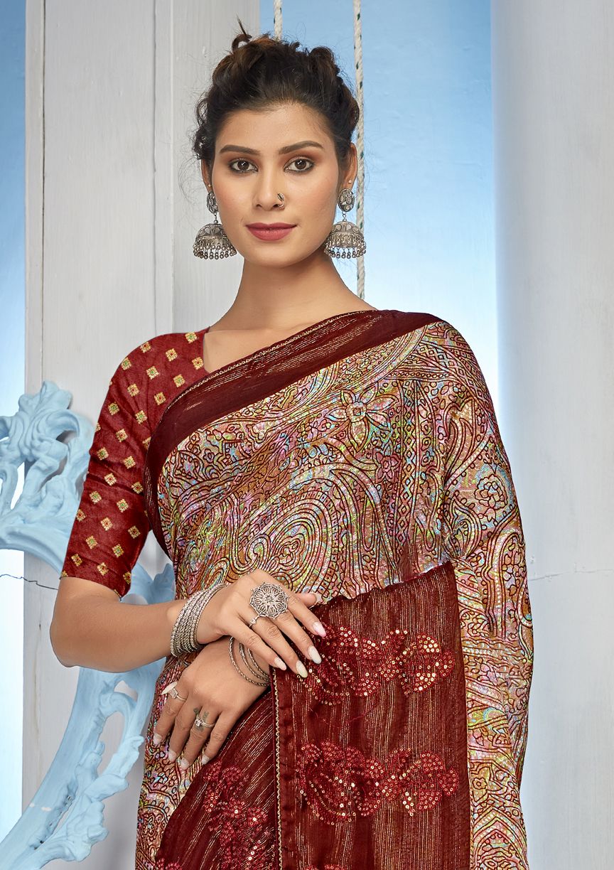 Elegant Maroon Saree: Party & Wedding Wear with Miss Chiffon Brocade