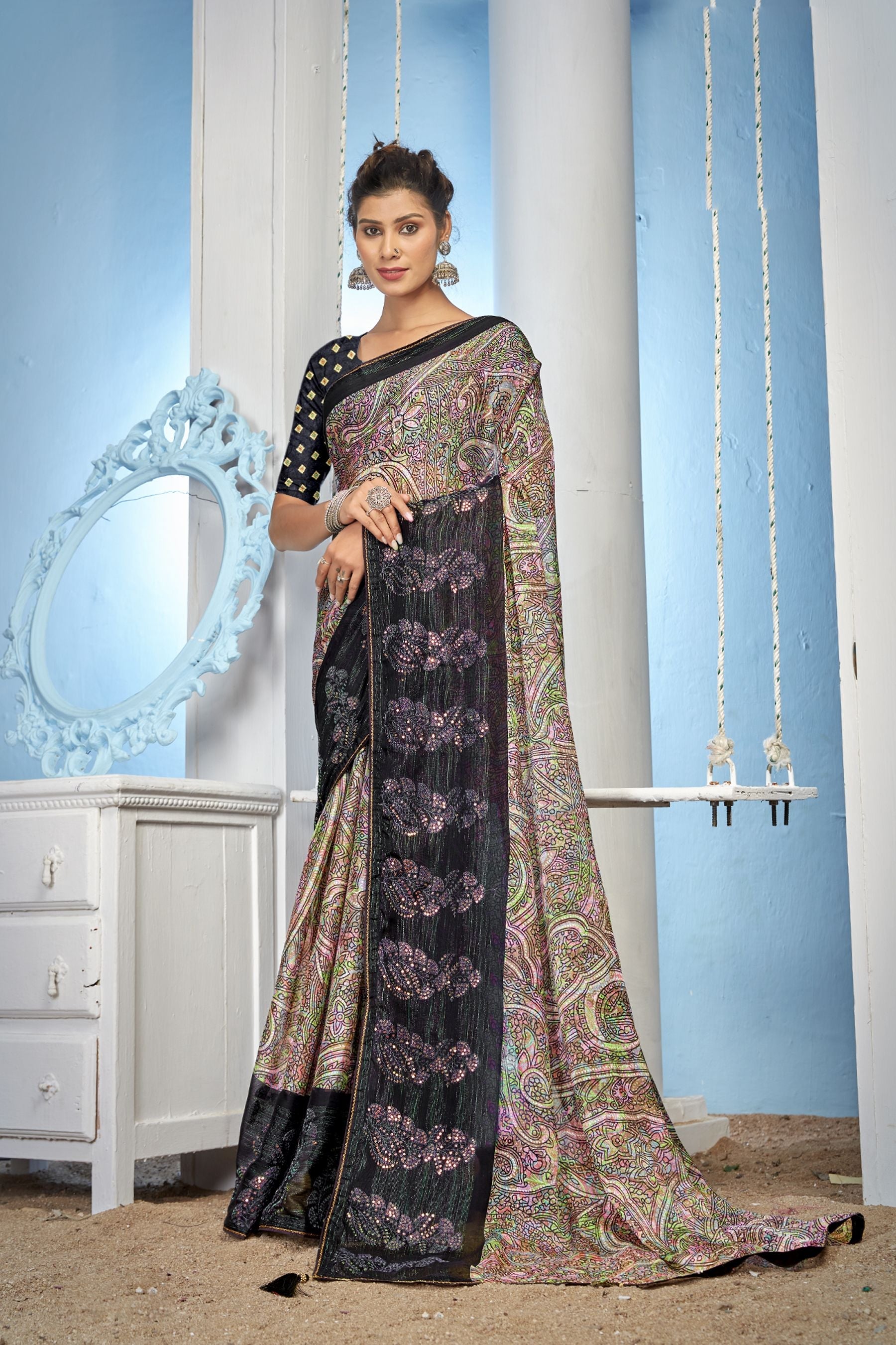 Exquisite MultiBlack Saree: Glamorous Party & Wedding Wear