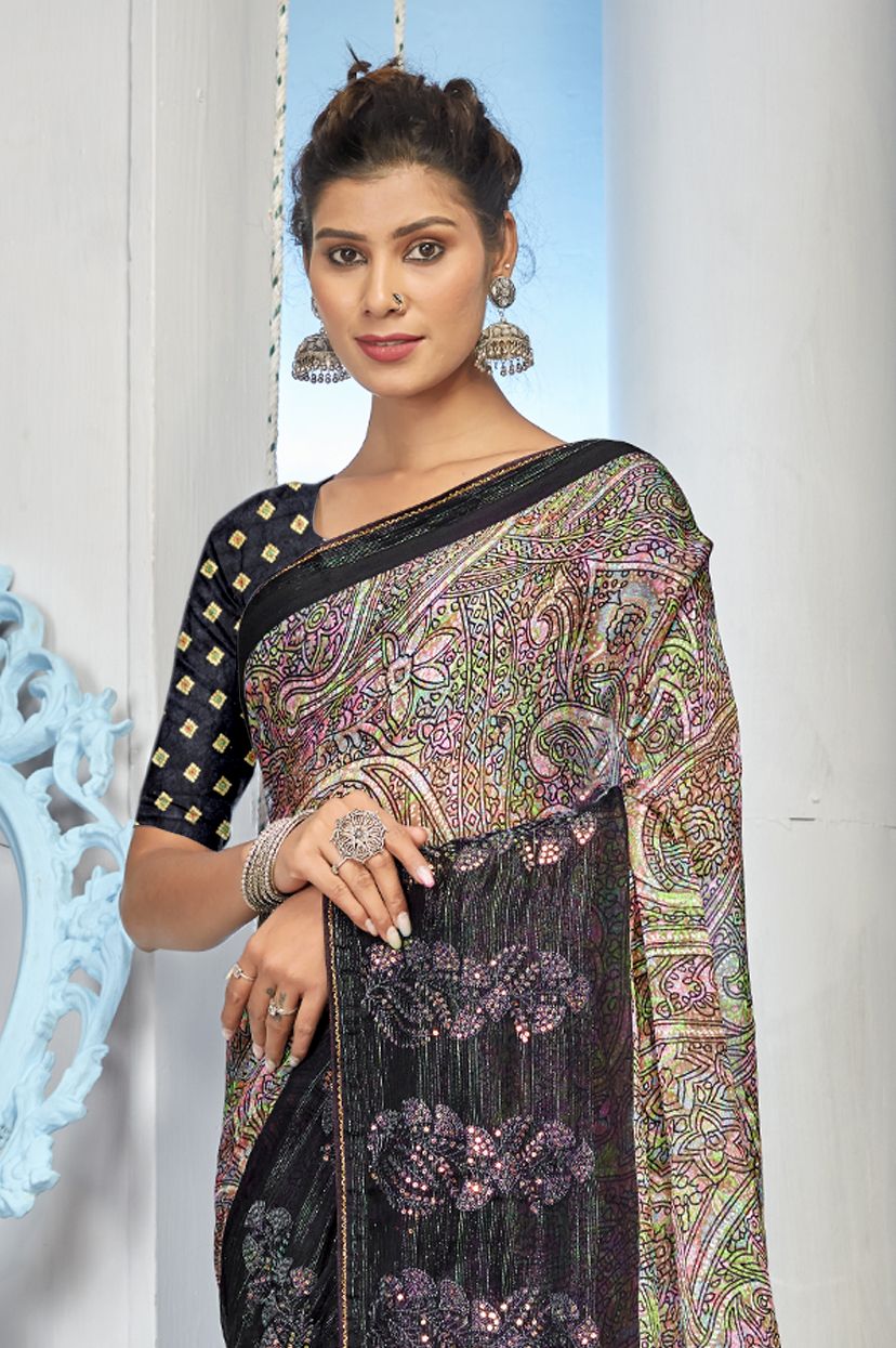 Exquisite MultiBlack Saree: Glamorous Party & Wedding Wear