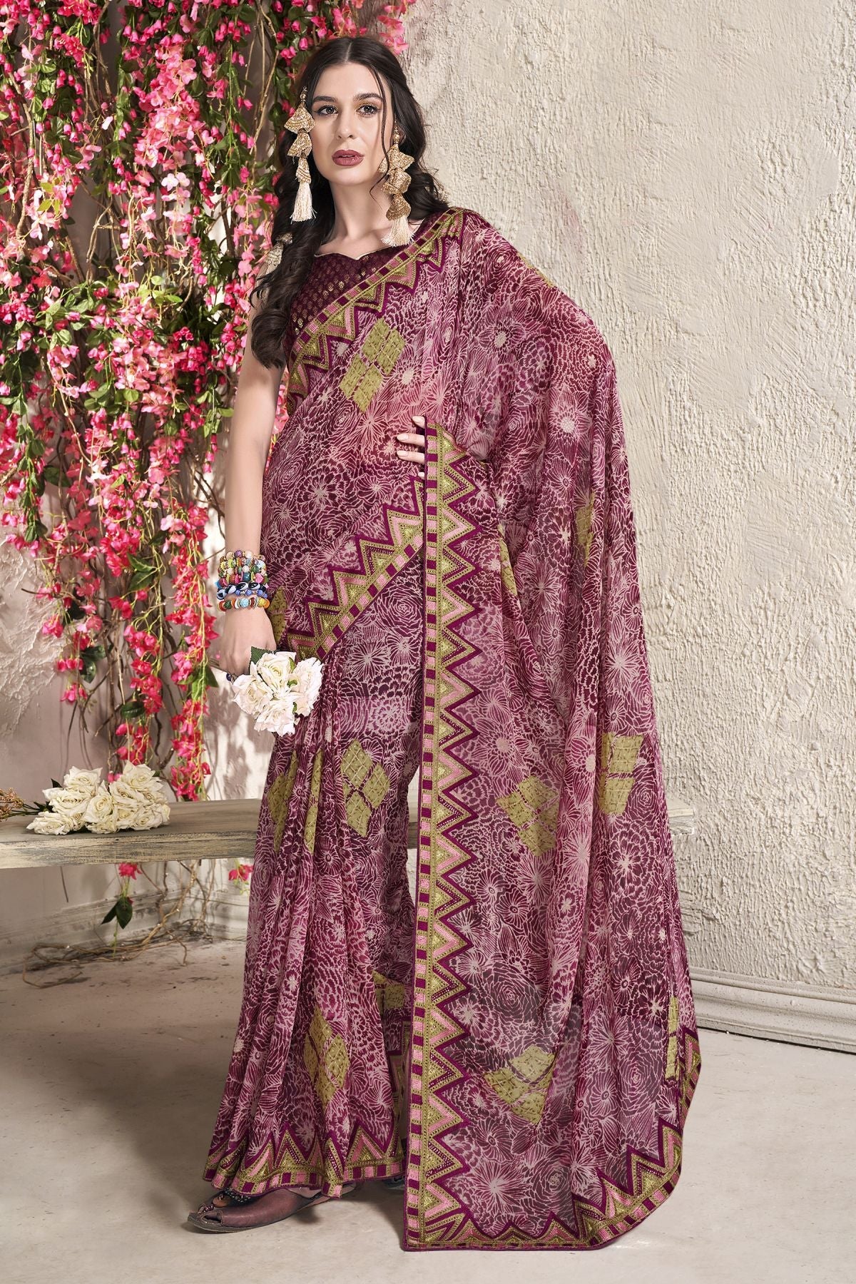 Elegant Wine Georgette Art Silk Saree: Perfect for Party & Wedding Wear