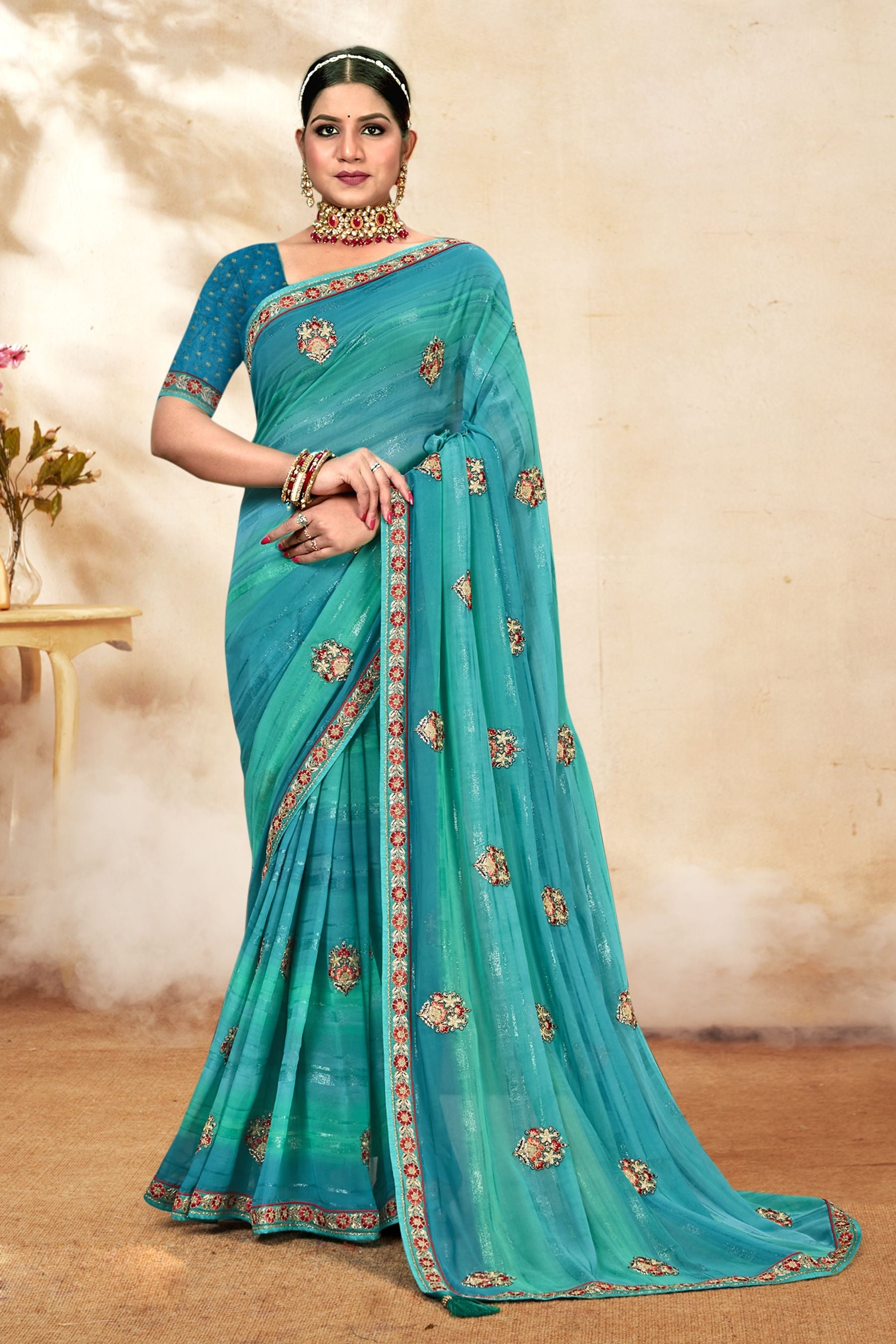 Turquoise Blue Georgette Brocade Saree: Elegant Party & Wedding Wear