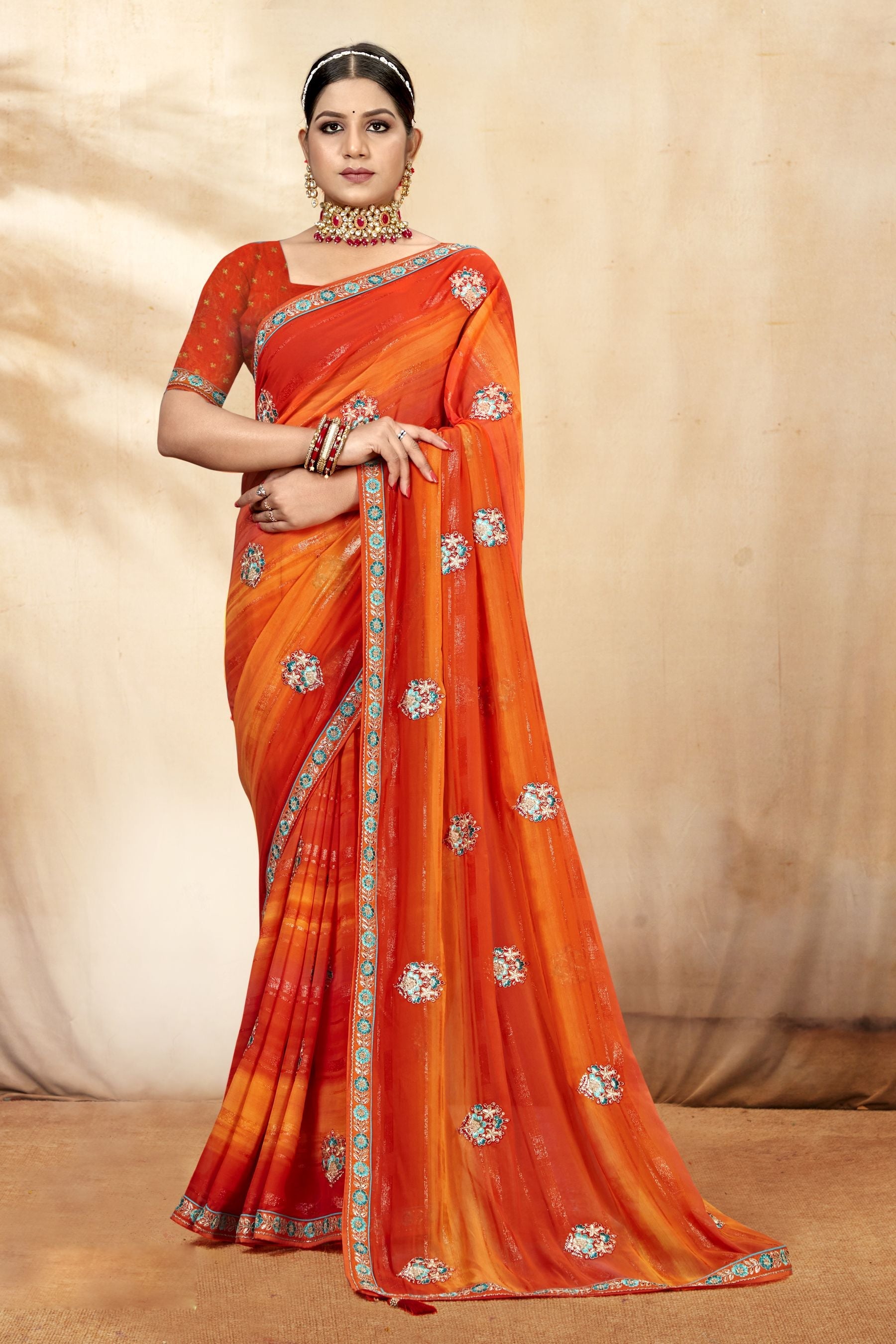 Elegant Orange Georgette Brocade Saree: Perfect for Party & Wedding Wear