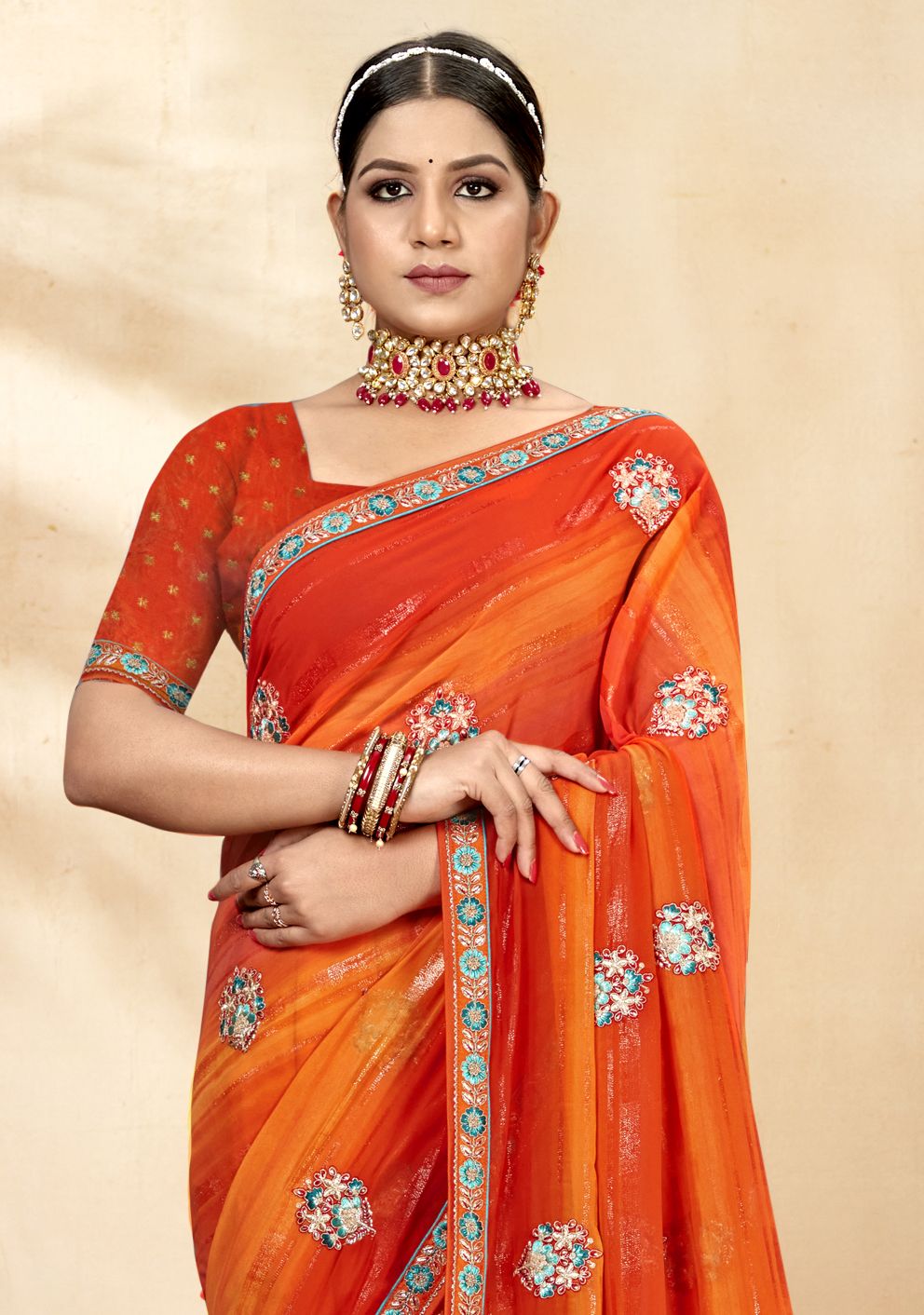 Elegant Orange Georgette Brocade Saree: Perfect for Party & Wedding Wear