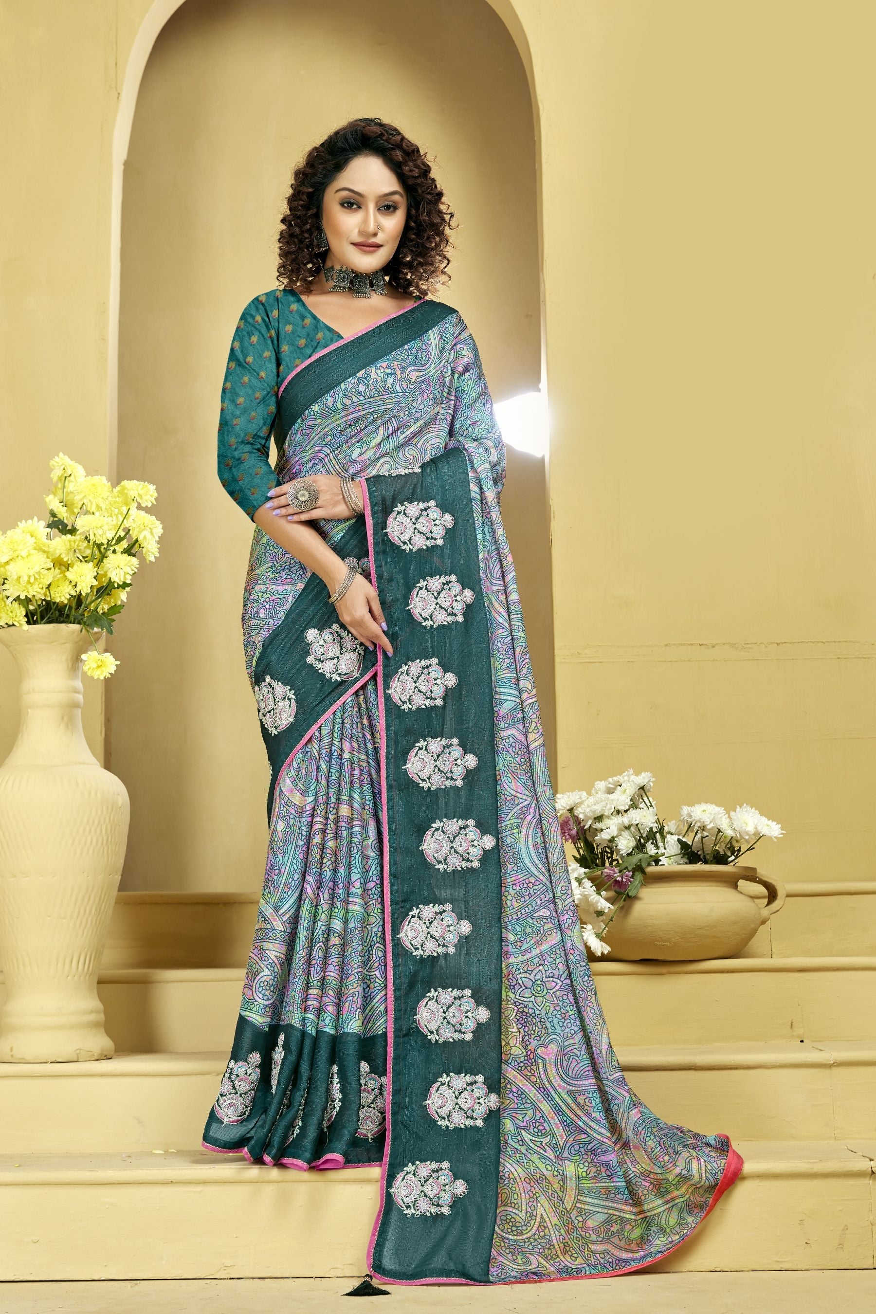 Teal Chiffon Art Silk Saree: Exquisite Party & Wedding Wear