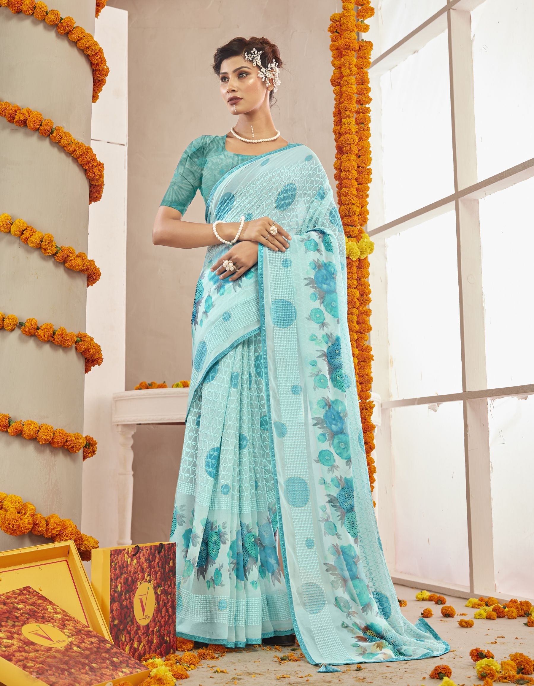 Elegant SkyBlue Georgette Saree for Party and Wedding Wear