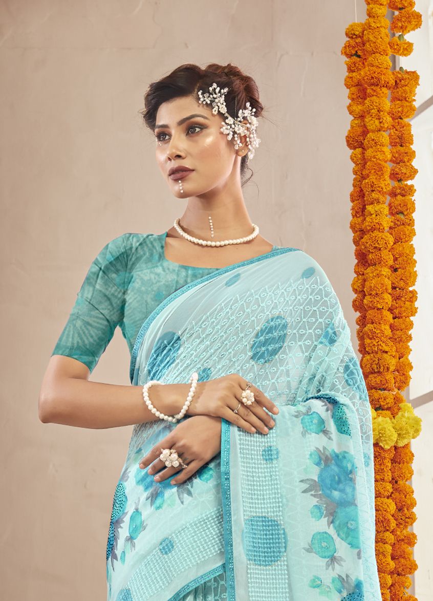 Elegant SkyBlue Georgette Saree for Party and Wedding Wear