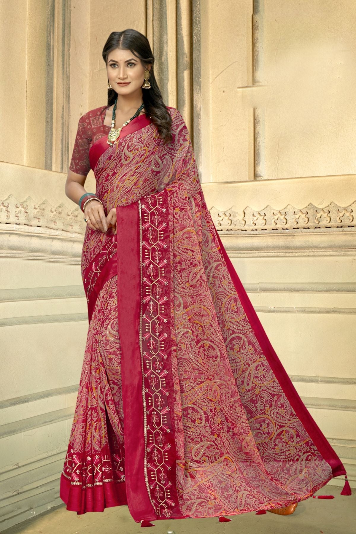 Elegant Red Chiffon Art Silk Saree: Perfect for Party & Wedding Wear