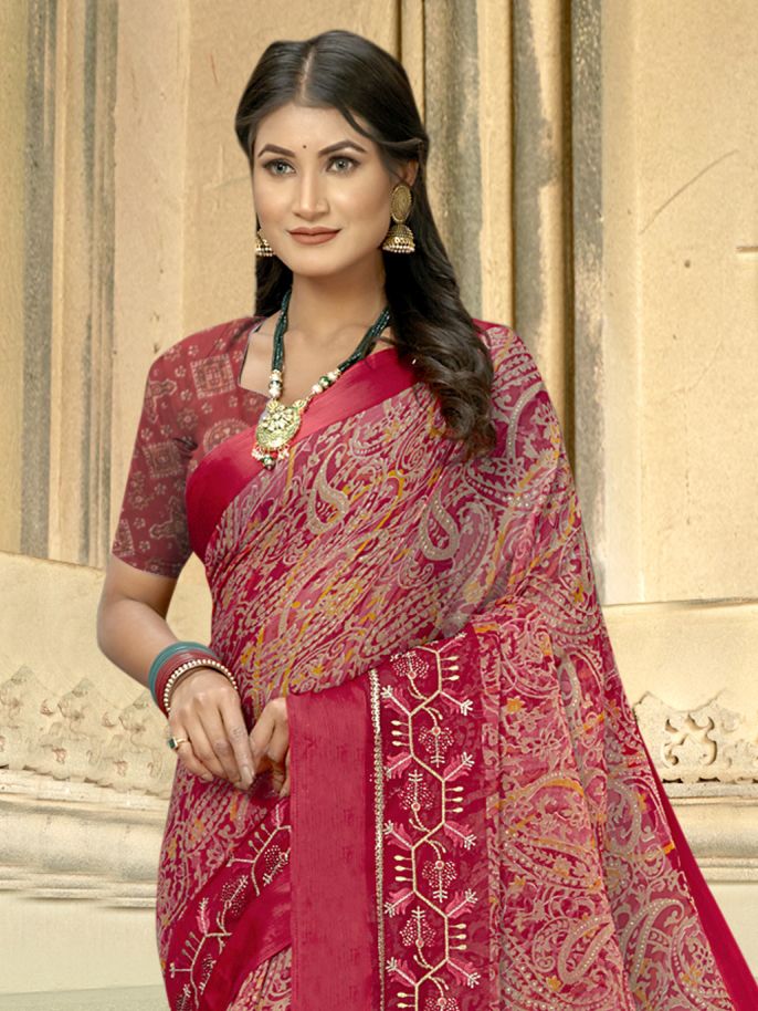 Elegant Red Chiffon Art Silk Saree: Perfect for Party & Wedding Wear