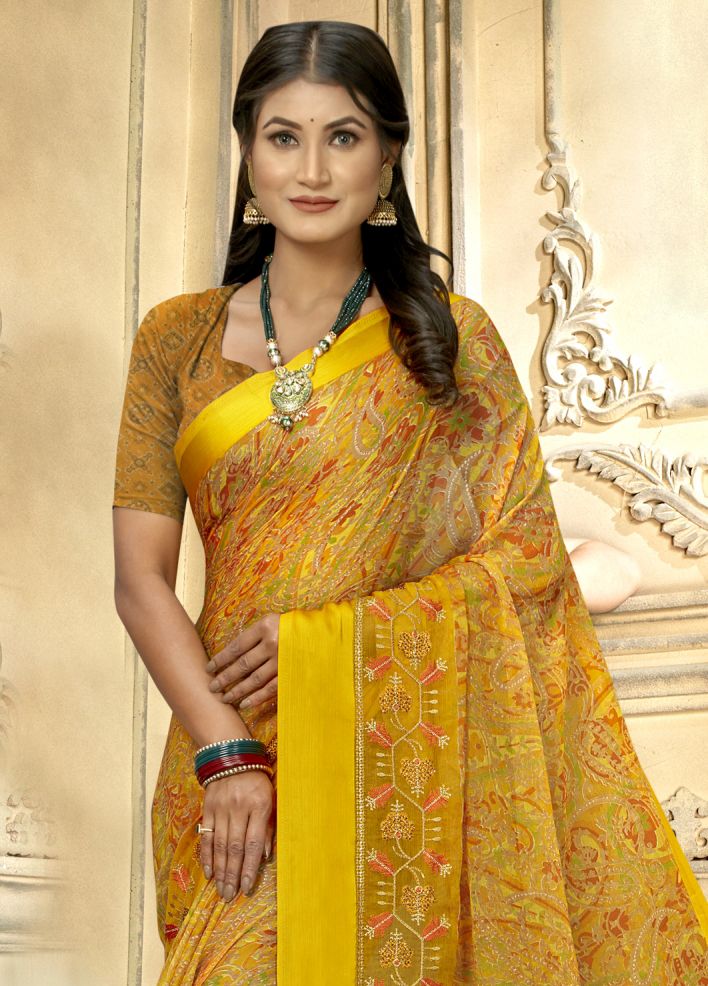 Elegant Yellow Chiffon Art Silk Saree for Party & Wedding Wear