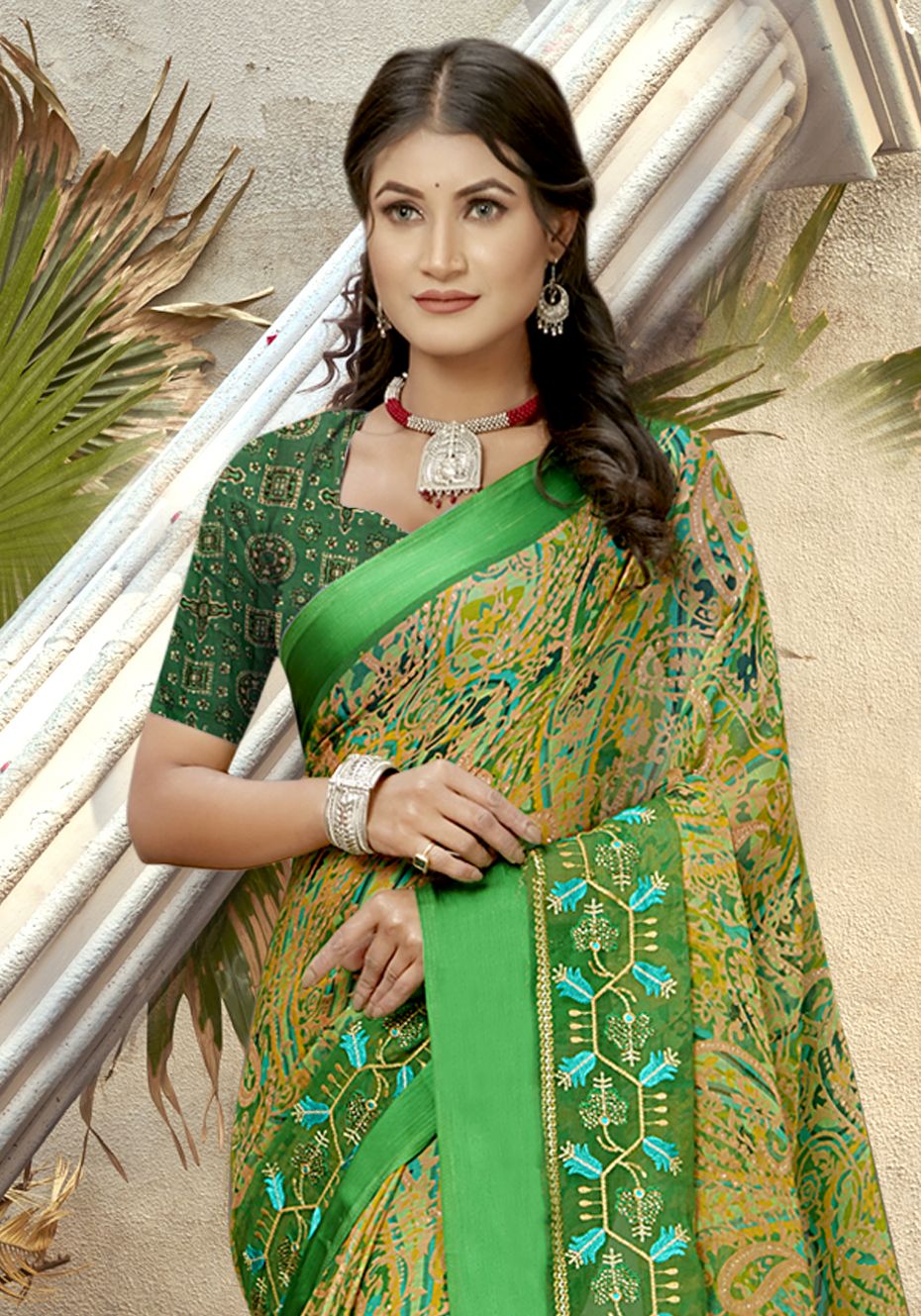 Enchanting Green Chiffon Art Silk Saree: Perfect for Parties & Weddings