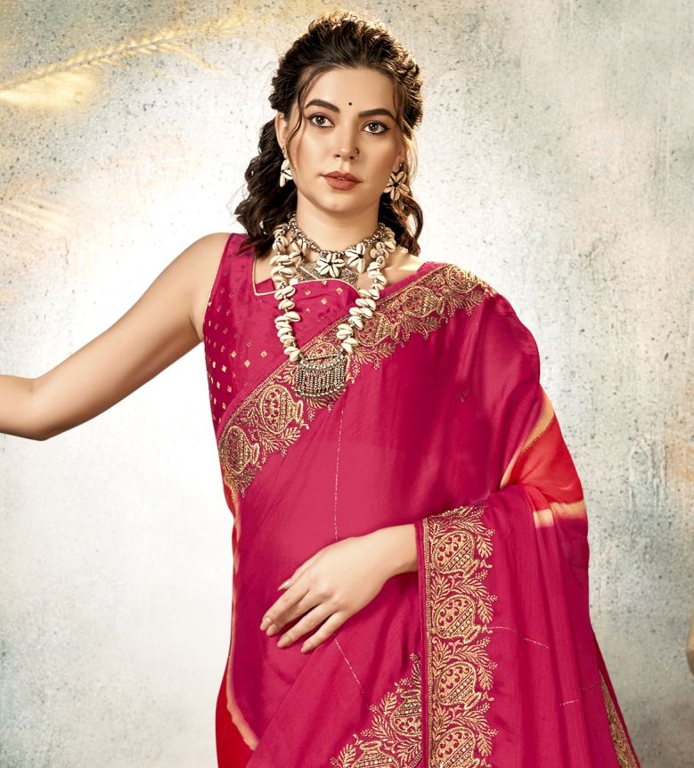 Classy Golden & Pink Silk Blend Woven Design Banarasi Saree– Inddus.in