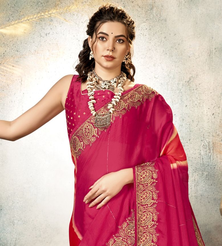 Elegant Pink Chiffon Saree: Perfect for Party & Wedding Wear