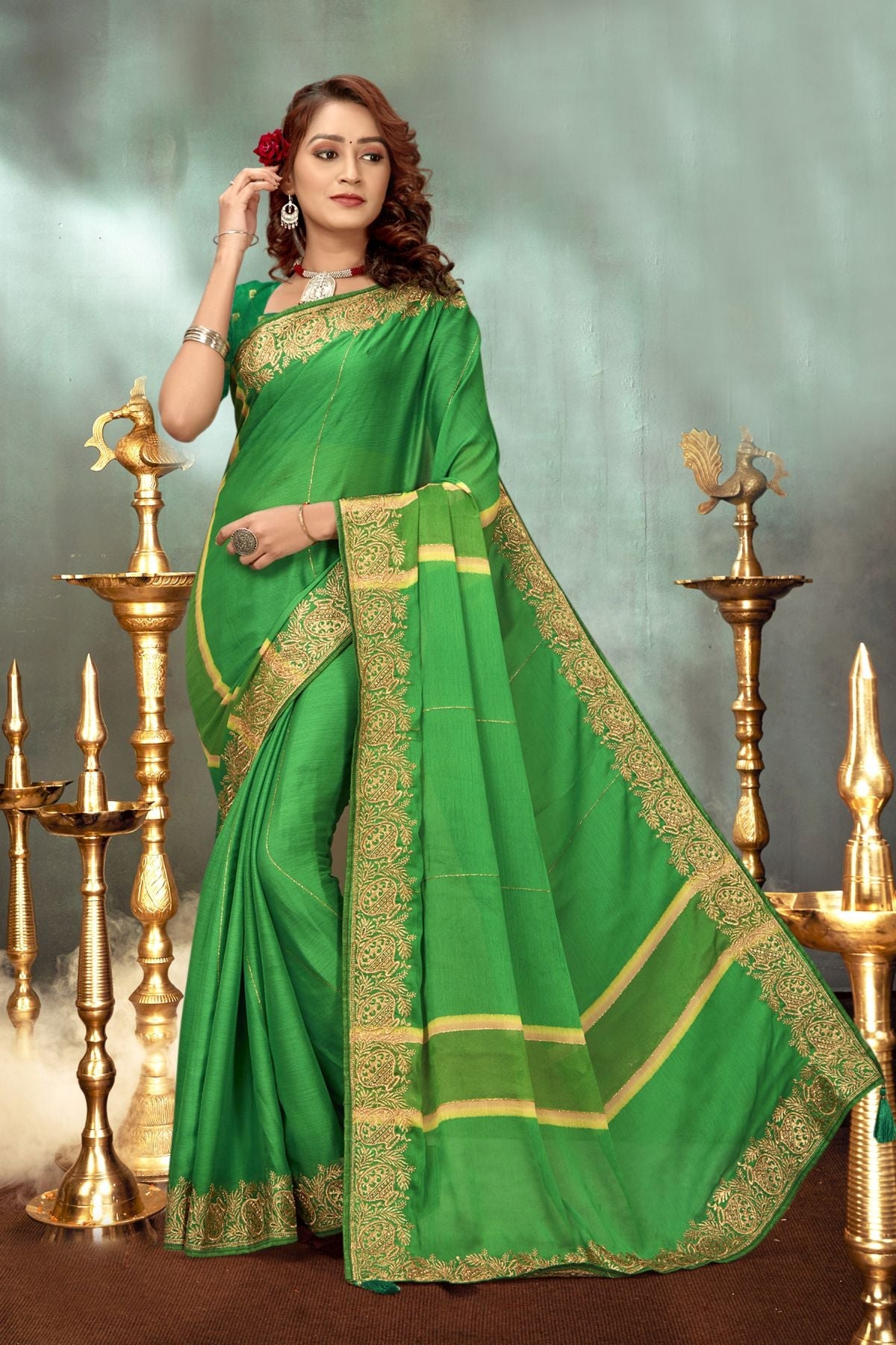 Elegant Green Chiffon Saree: Perfect for Party & Wedding Wear