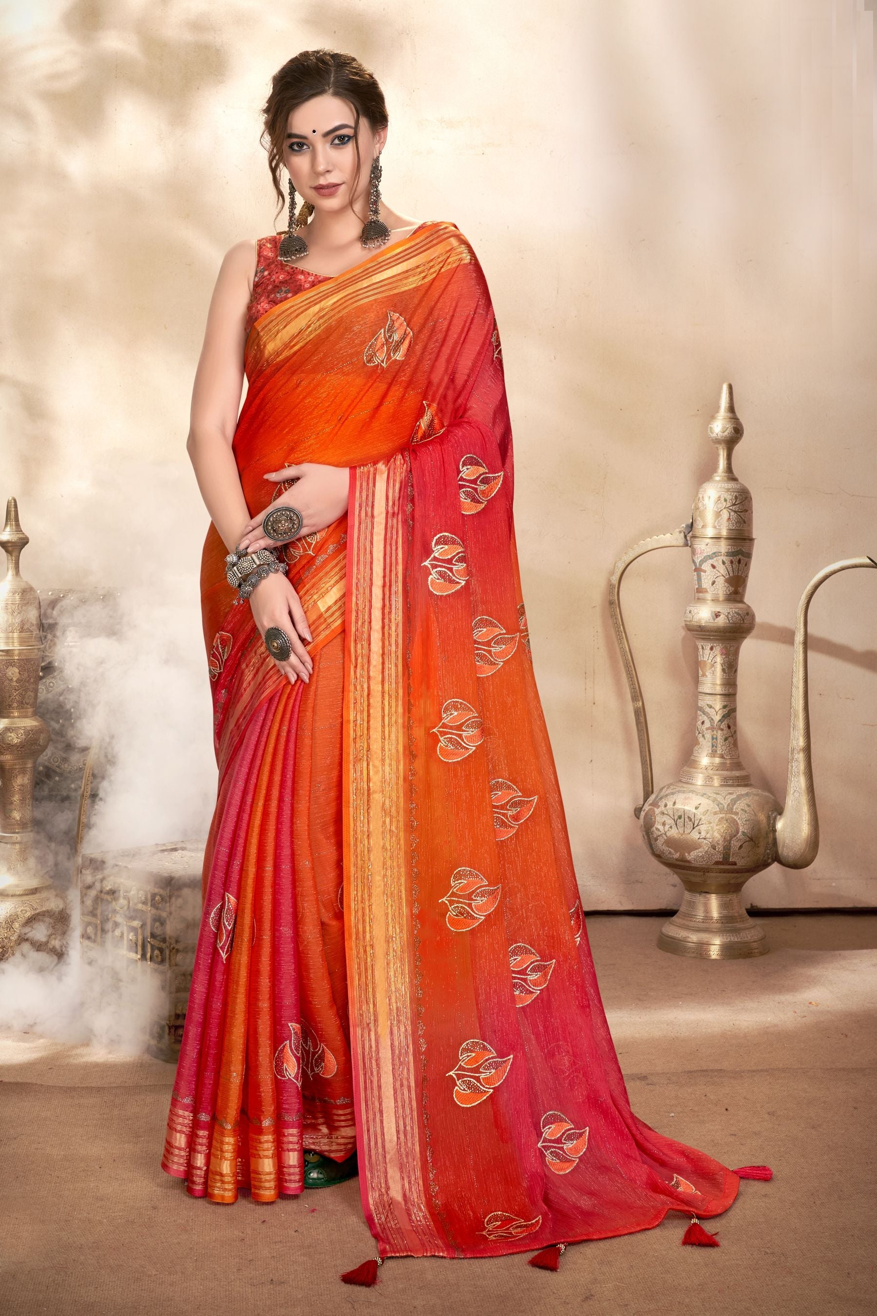 Elegant Orange Chiffon Silk Saree for Party & Wedding Wea