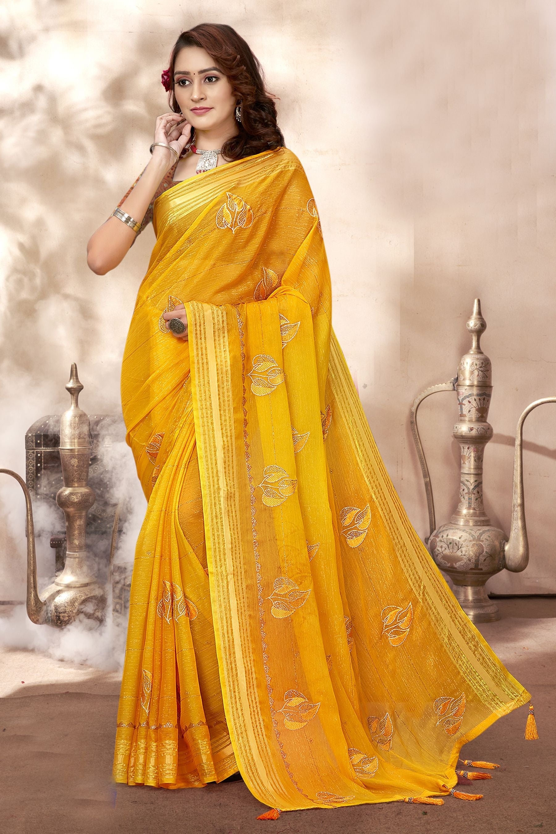 Elegant Yellow Chiffon Silk Saree: Perfect for Party & Wedding Wear