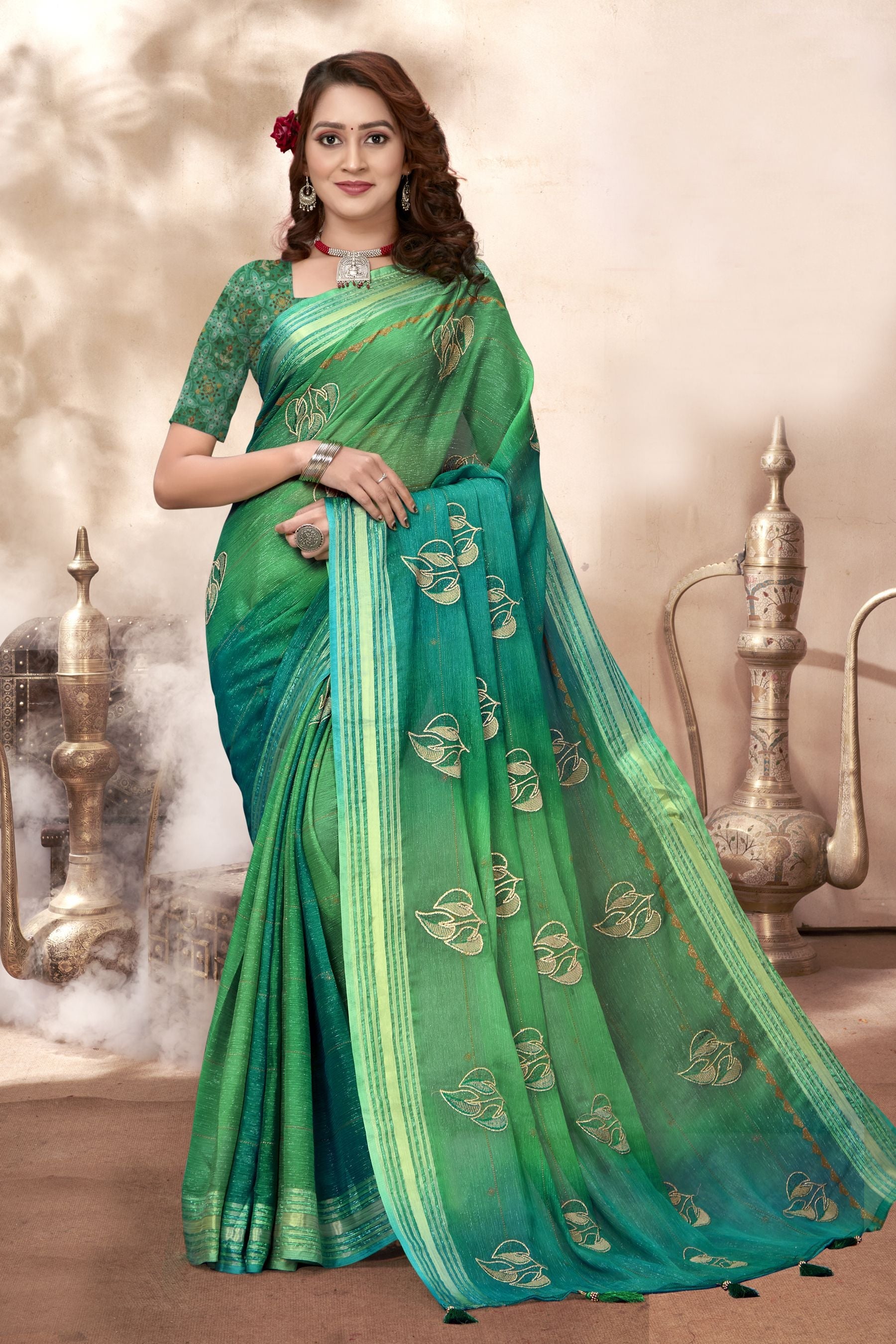 Elegant Turquoise Green Chiffon Silk Saree: Perfect Party & Wedding Wear