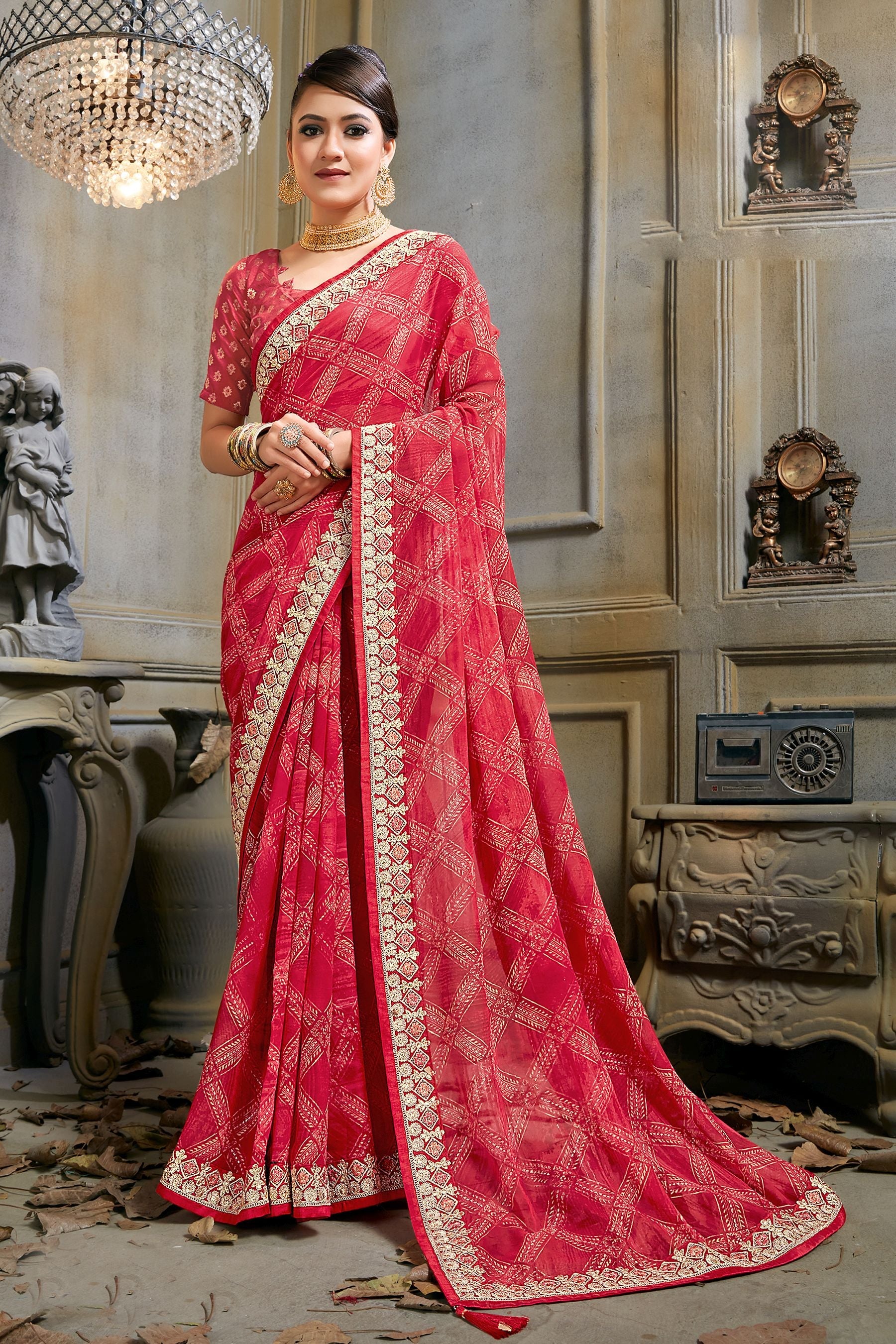 Elegant Red Georgette Art Silk Saree: Perfect for Parties and Weddings