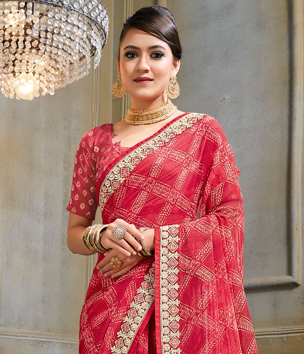 Elegant Red Georgette Art Silk Saree: Perfect for Parties and Weddings