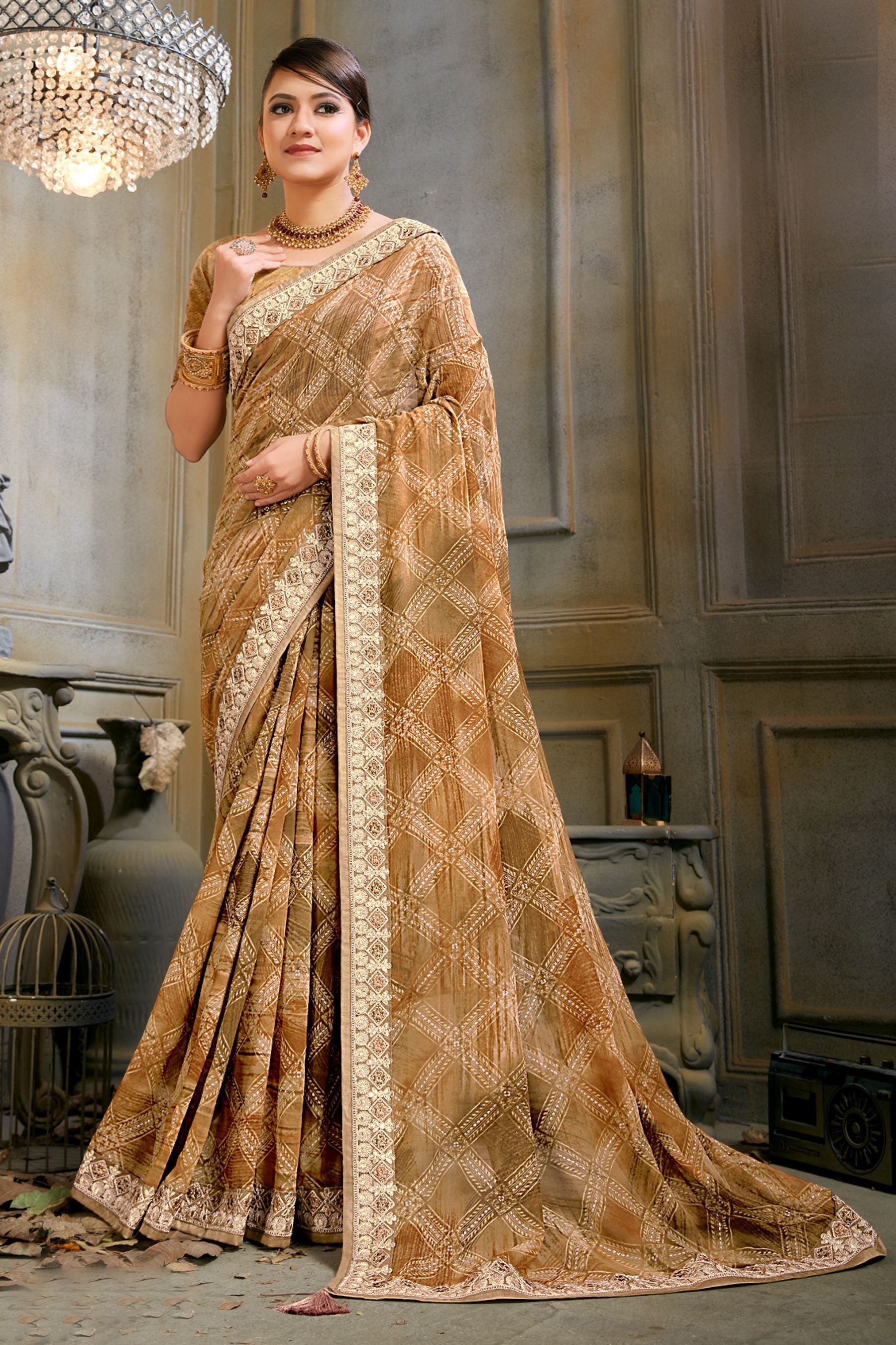 Elegant Beige Georgette Art Silk Saree: Perfect for Party & Wedding Wear