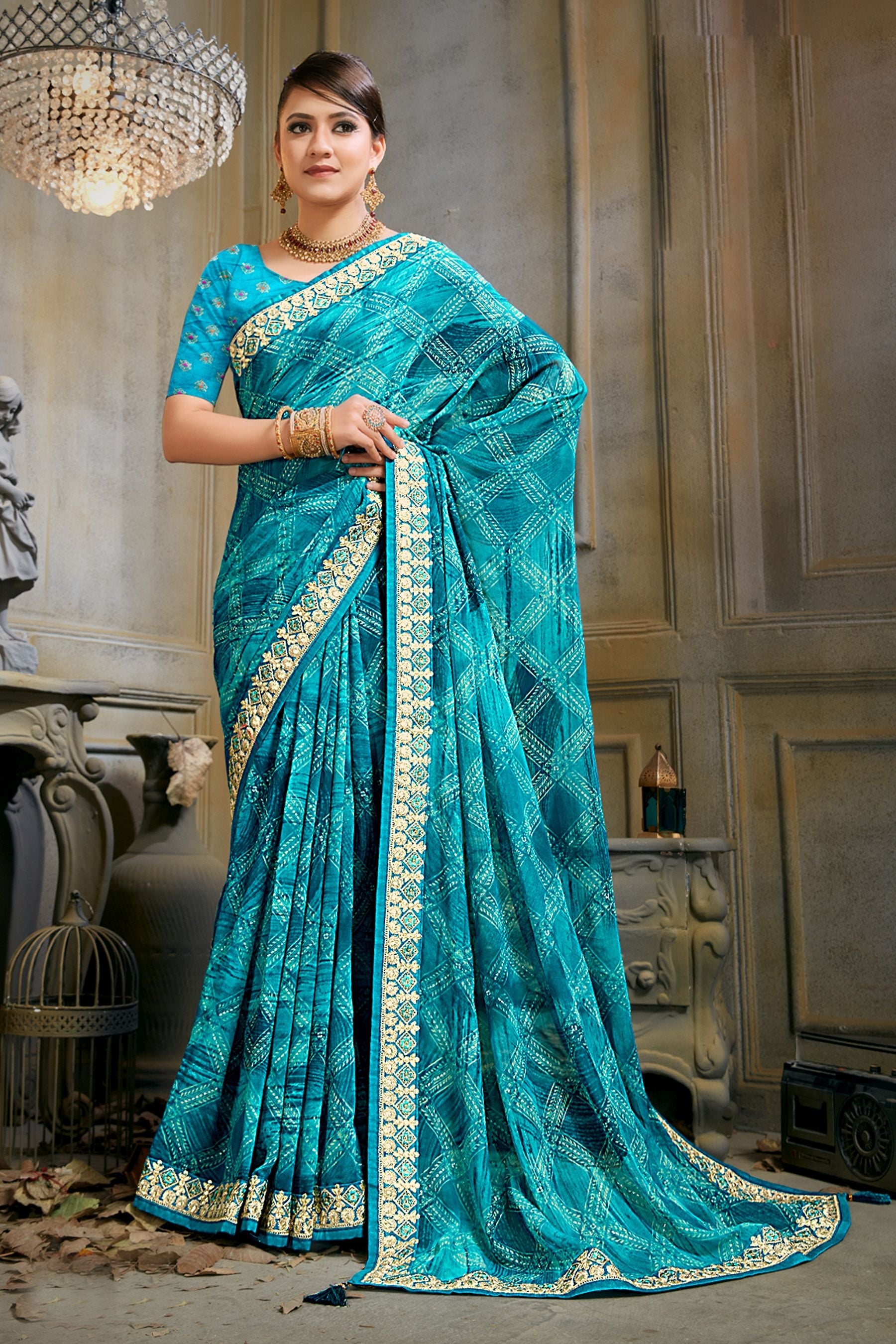 Turquoise Georgette Art Silk Saree: Perfect Party & Wedding Wear