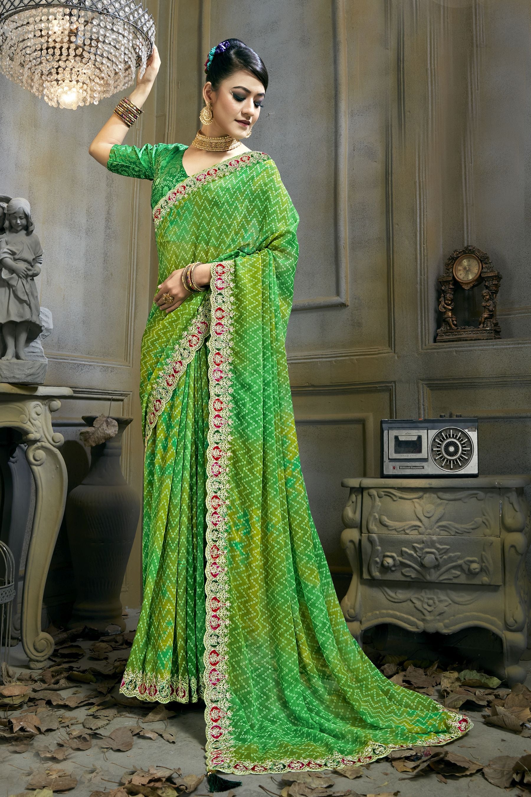 Elegant Green Georgette Art Silk Saree for Party & Wedding Wear