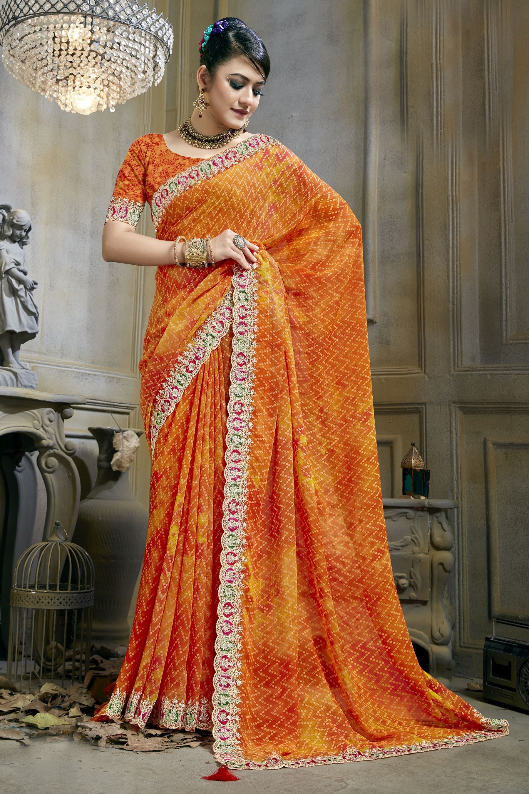 Elegant Orange Georgette Art Silk Saree for Party & Wedding Wear