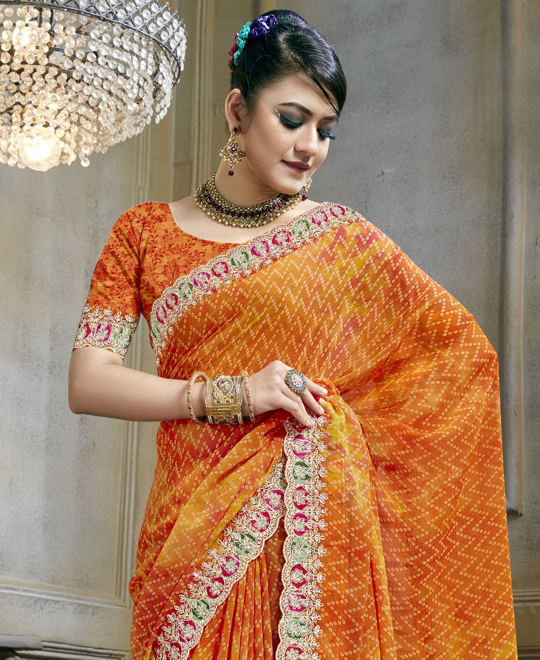 Elegant Orange Georgette Art Silk Saree for Party & Wedding Wear