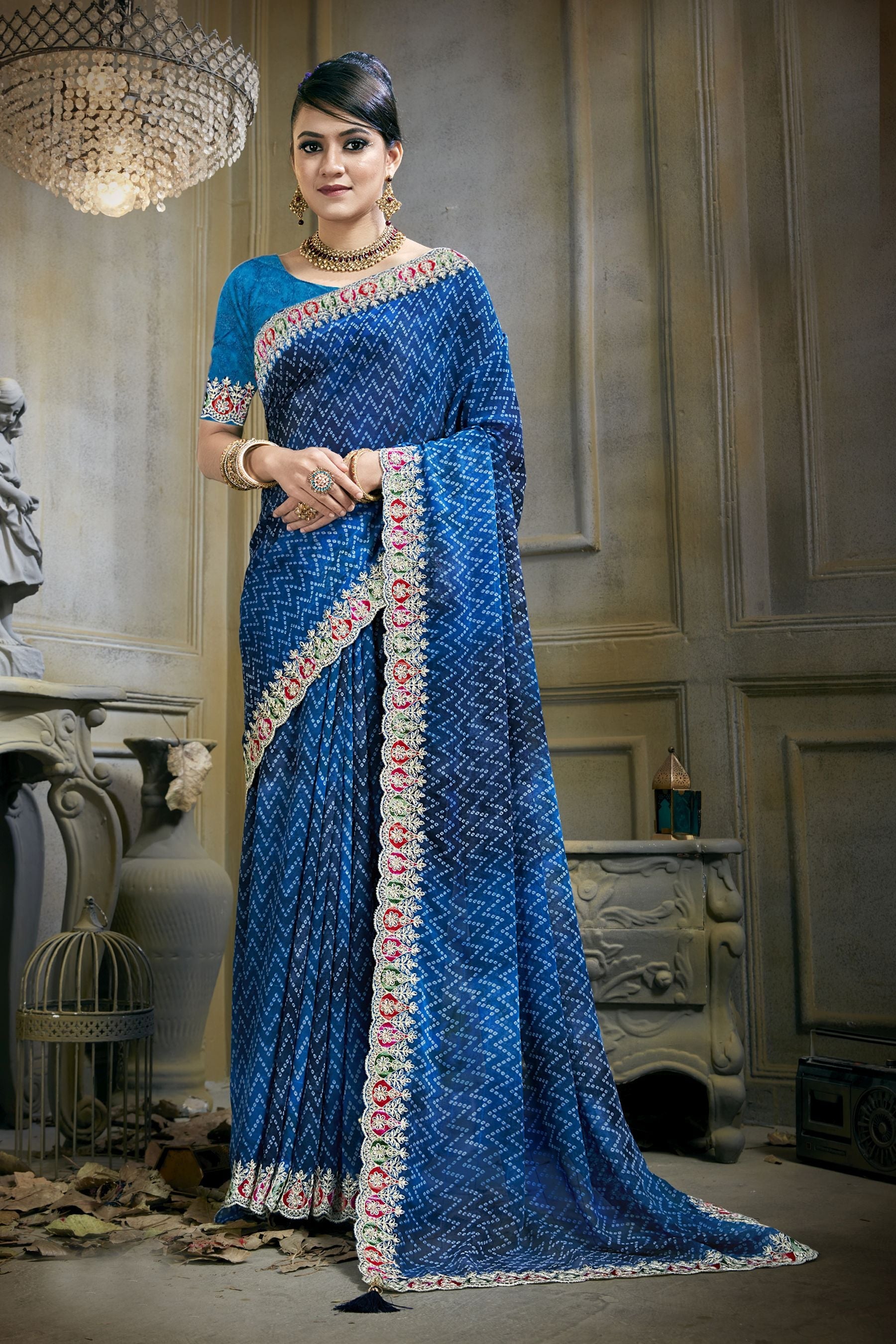 Elegant Blue Georgette Art Silk Saree: Perfect for Parties and Weddings