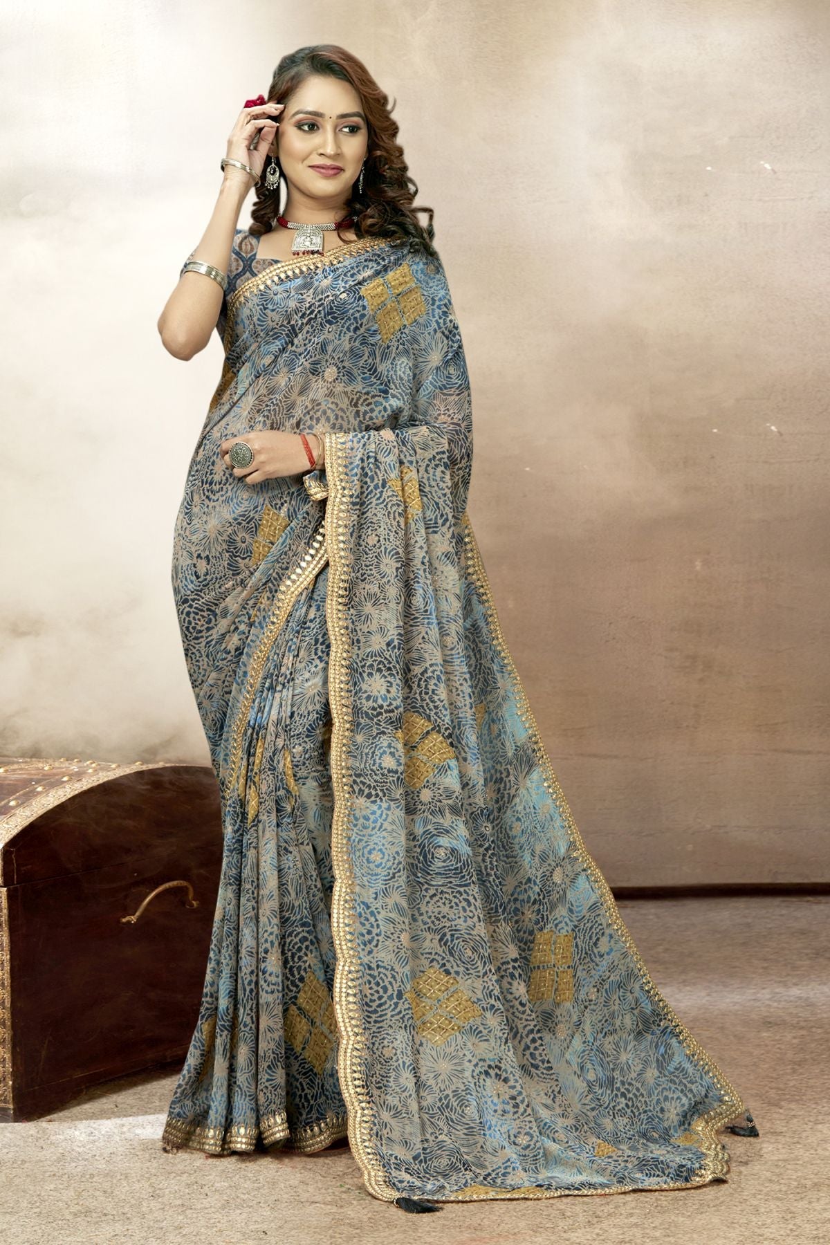 Enchanting Blue Georgette Soft Silk Saree: Perfect for Parties and Weddings!