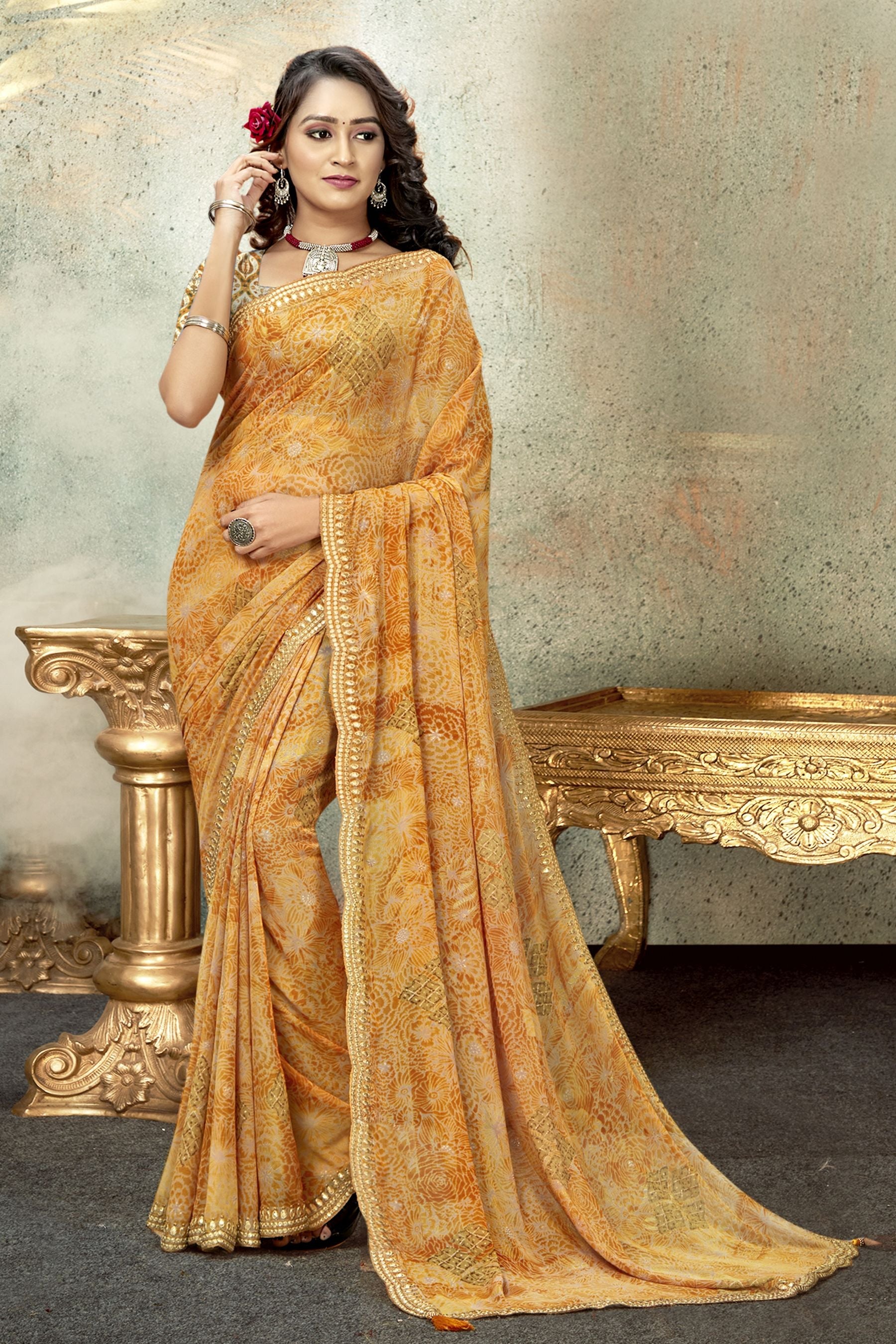 Elegant Orange Georgette Soft Silk Saree for Party & Wedding Wear