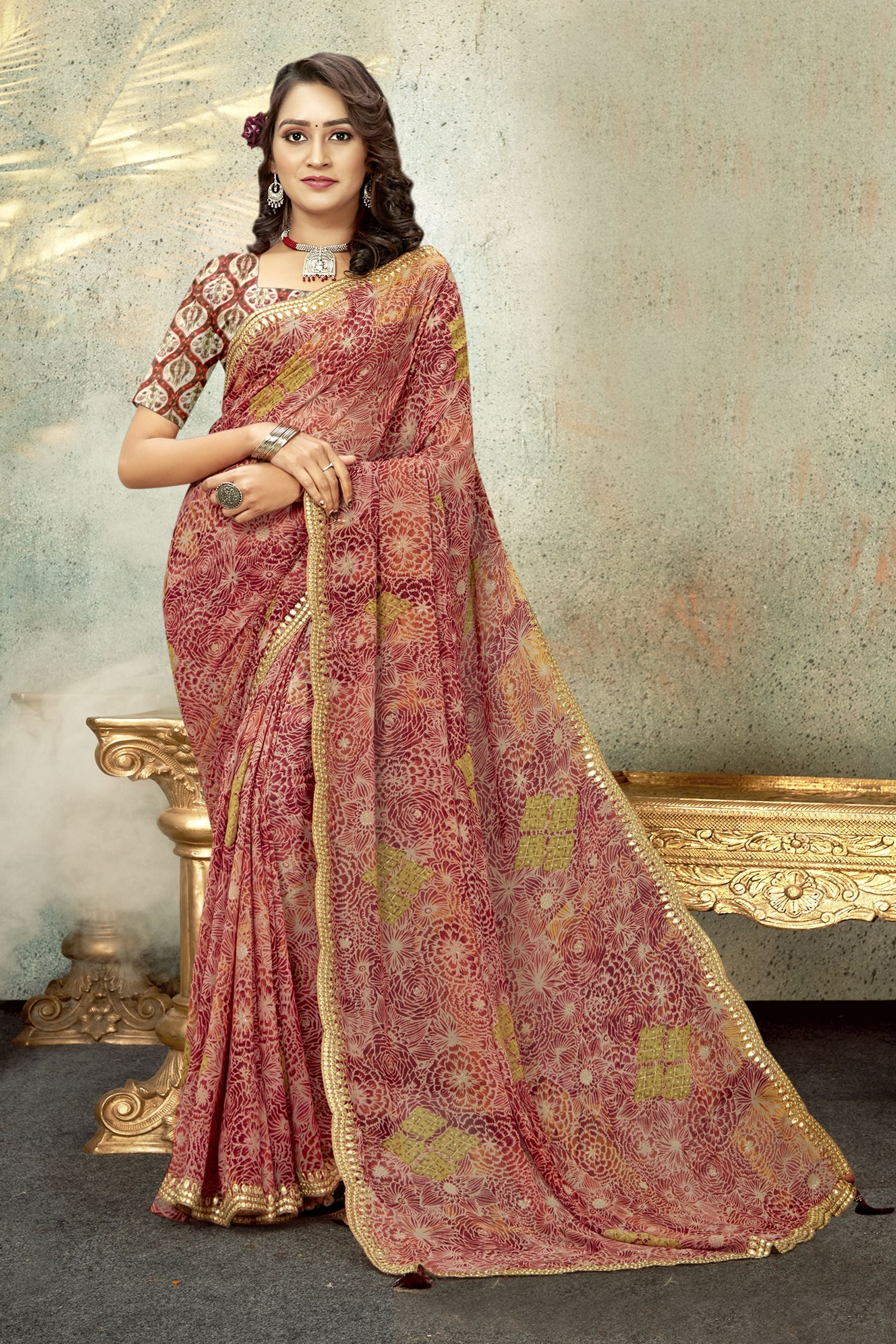 Elegant Red Georgette Soft Silk Saree: Perfect for Parties & Weddings