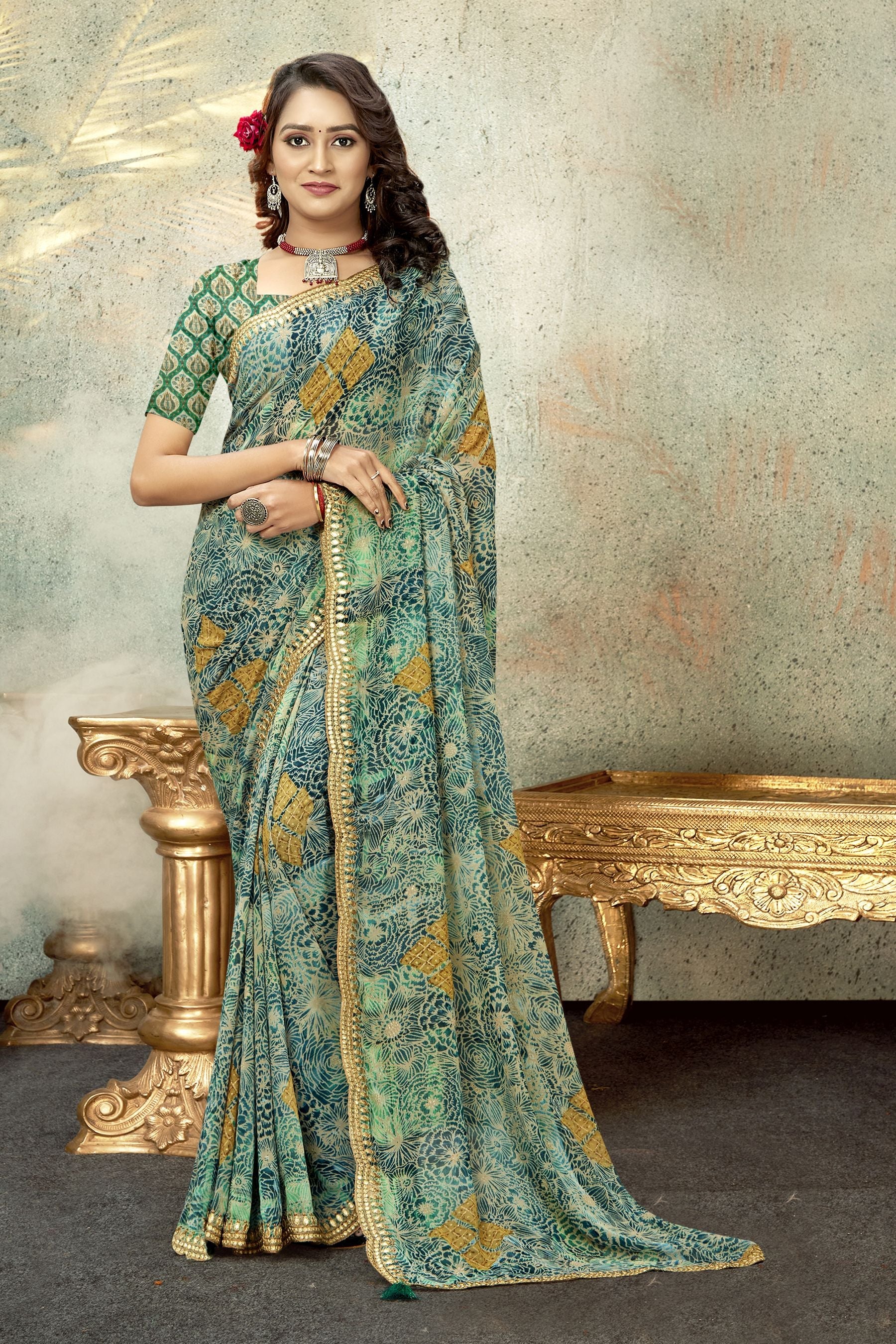 Elegant Teal Georgette Soft Silk Saree for Party & Wedding Wear