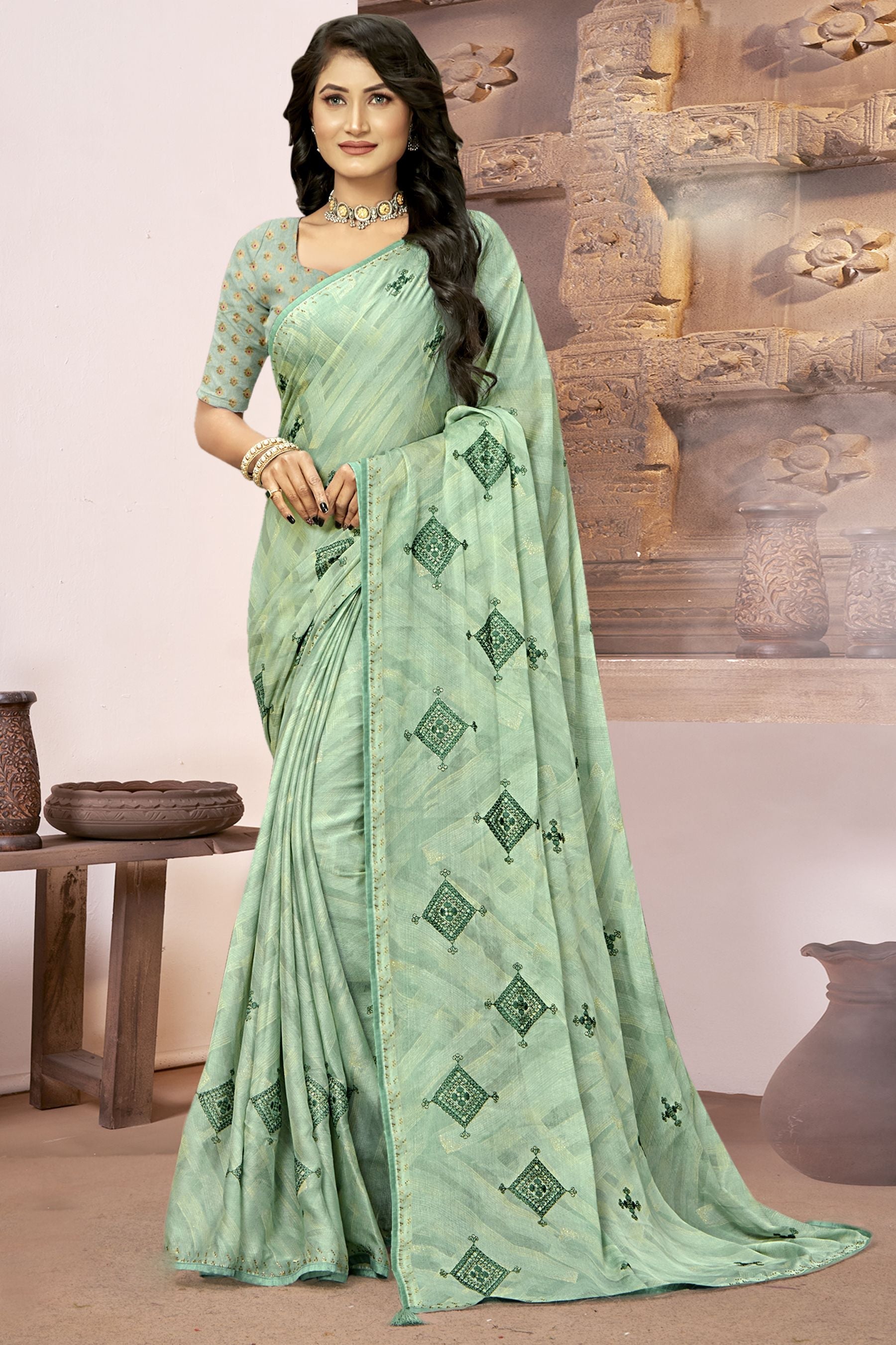 Elegant Green Georgette Art Silk Saree: Perfect for Party & Wedding Wear