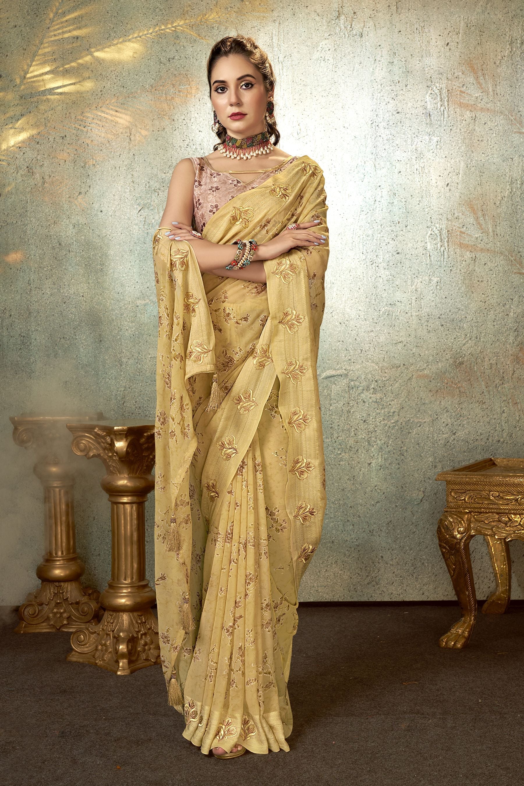 Elegant Beige Georgette Soft Silk Saree: Perfect for Party & Wedding Wear