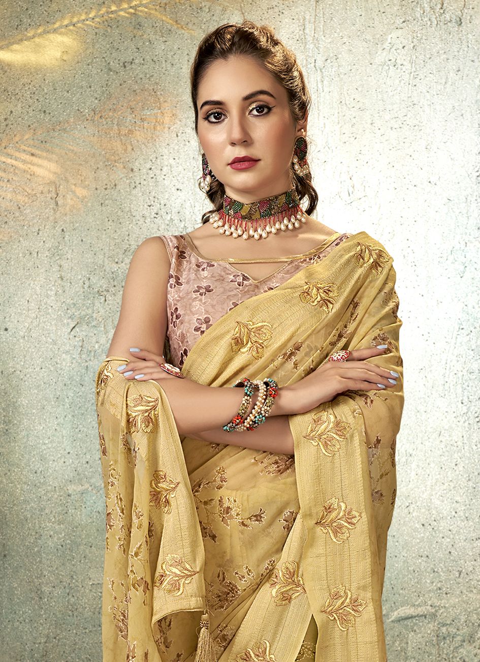 Elegant Beige Georgette Soft Silk Saree: Perfect for Party & Wedding Wear