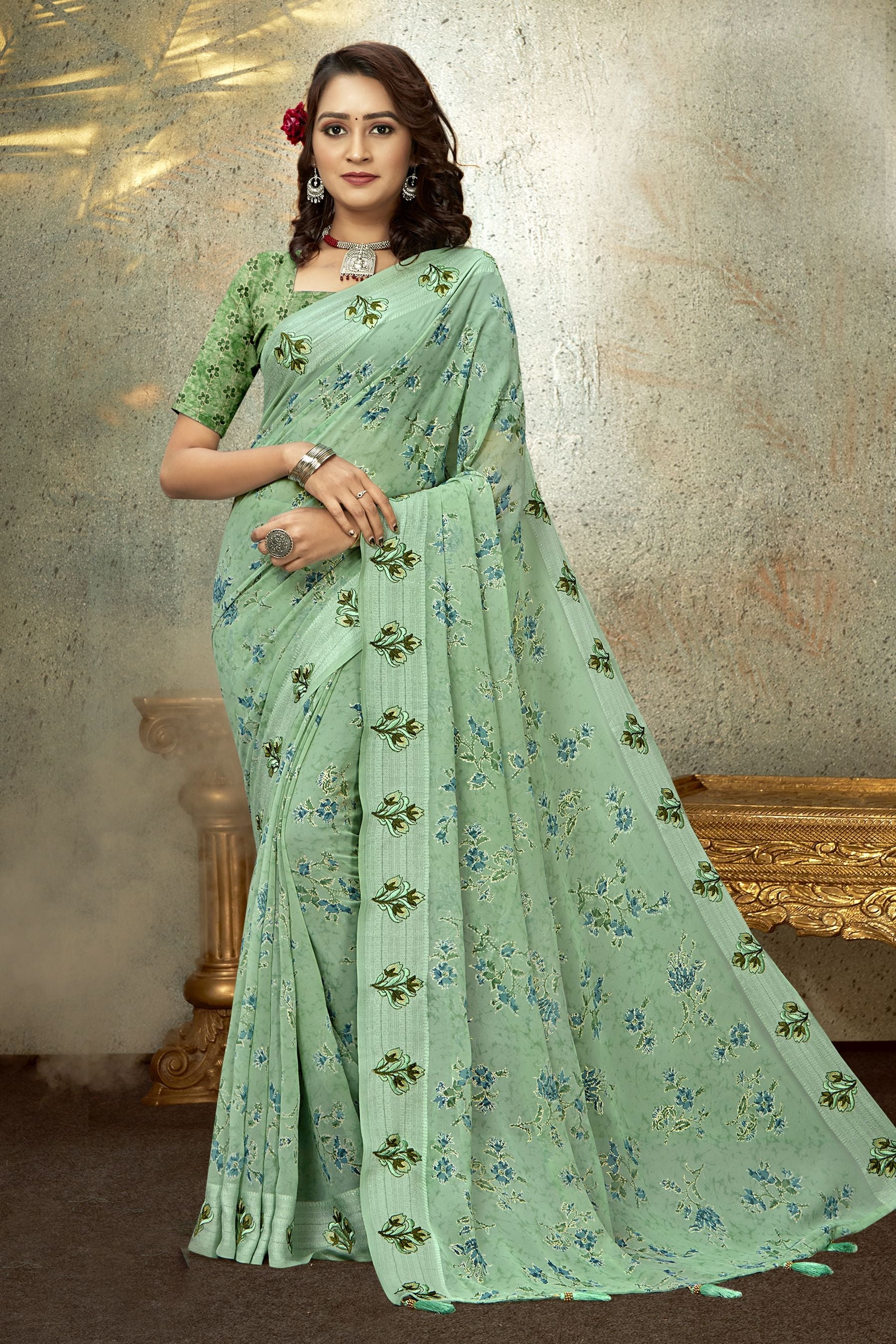 Elegant SeaGreen Georgette & Soft Silk Saree for Party & Wedding Wear