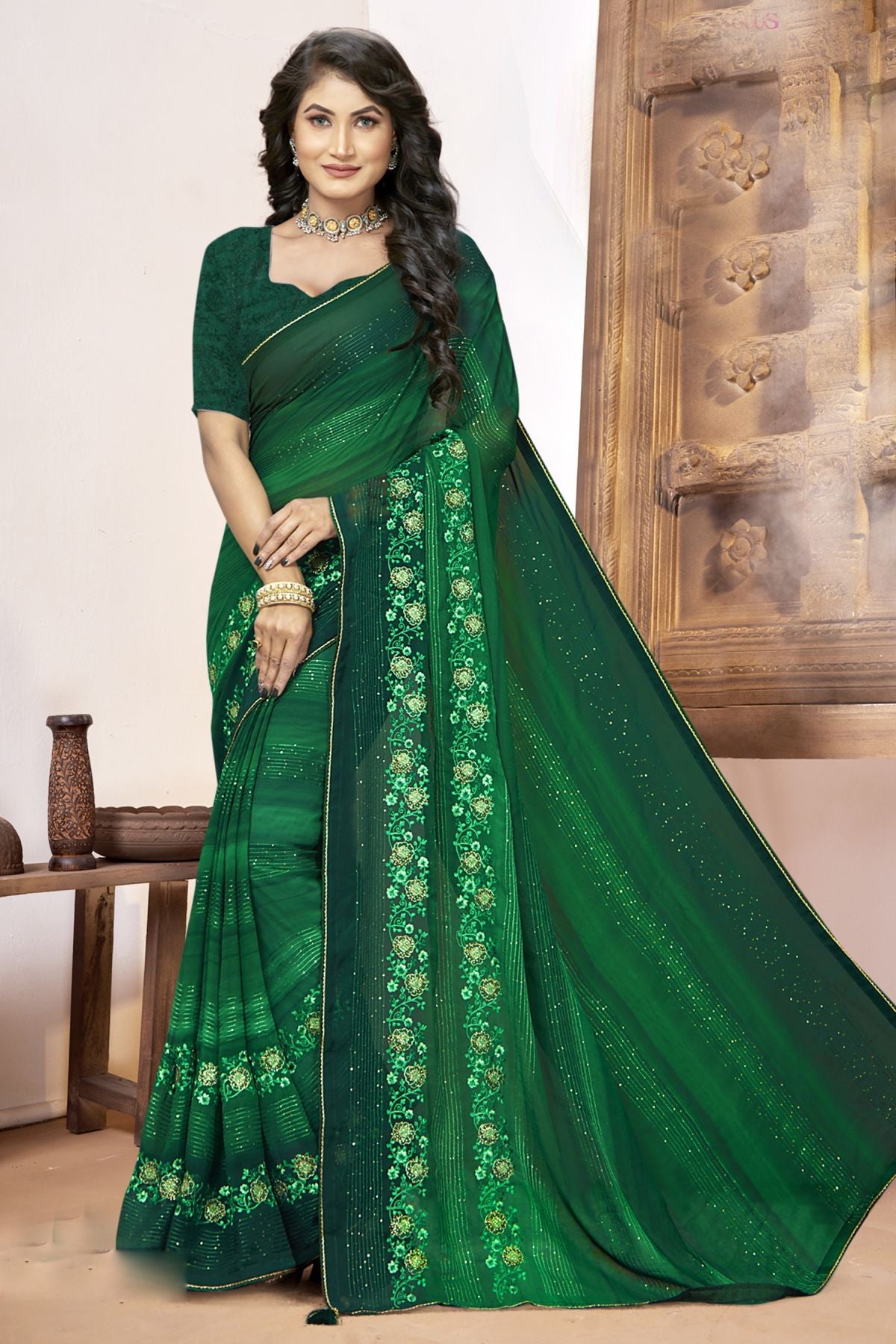 Elegant Green Georgette and Soft Silk Saree for Party and Wedding Wear