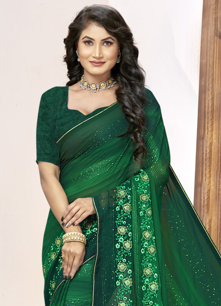 Elegant Green Georgette and Soft Silk Saree for Party and Wedding Wear