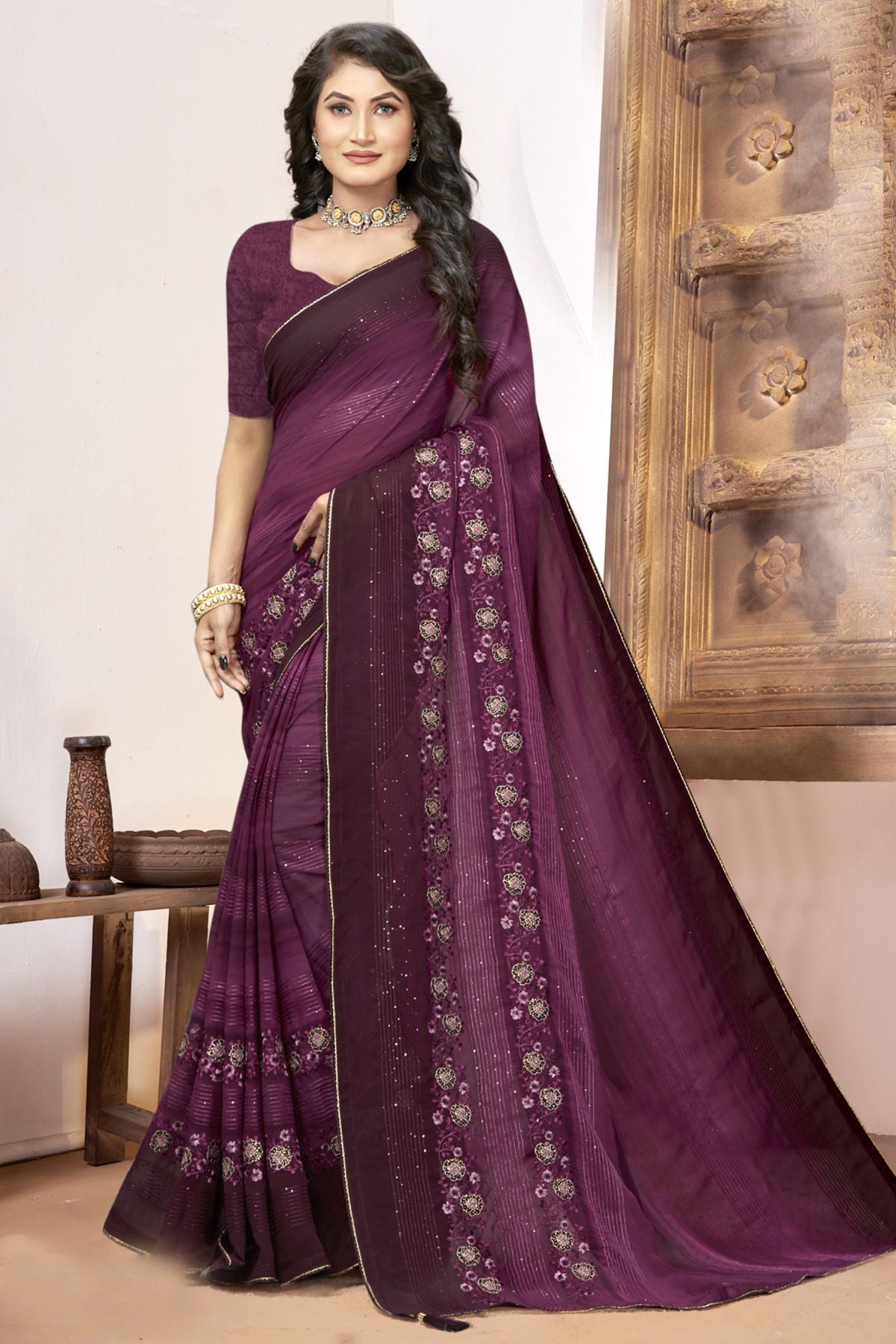 Elegant Wine Georgette & Soft Silk Saree: Perfect for Parties and Weddings