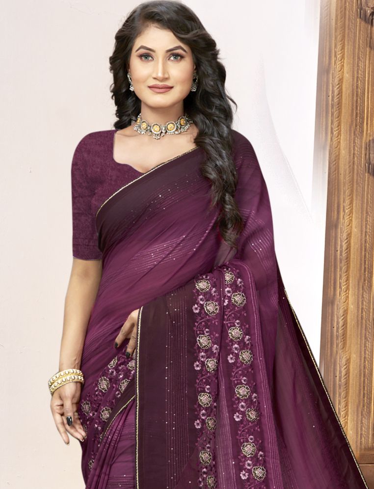 Elegant Wine Georgette & Soft Silk Saree: Perfect for Parties and Weddings