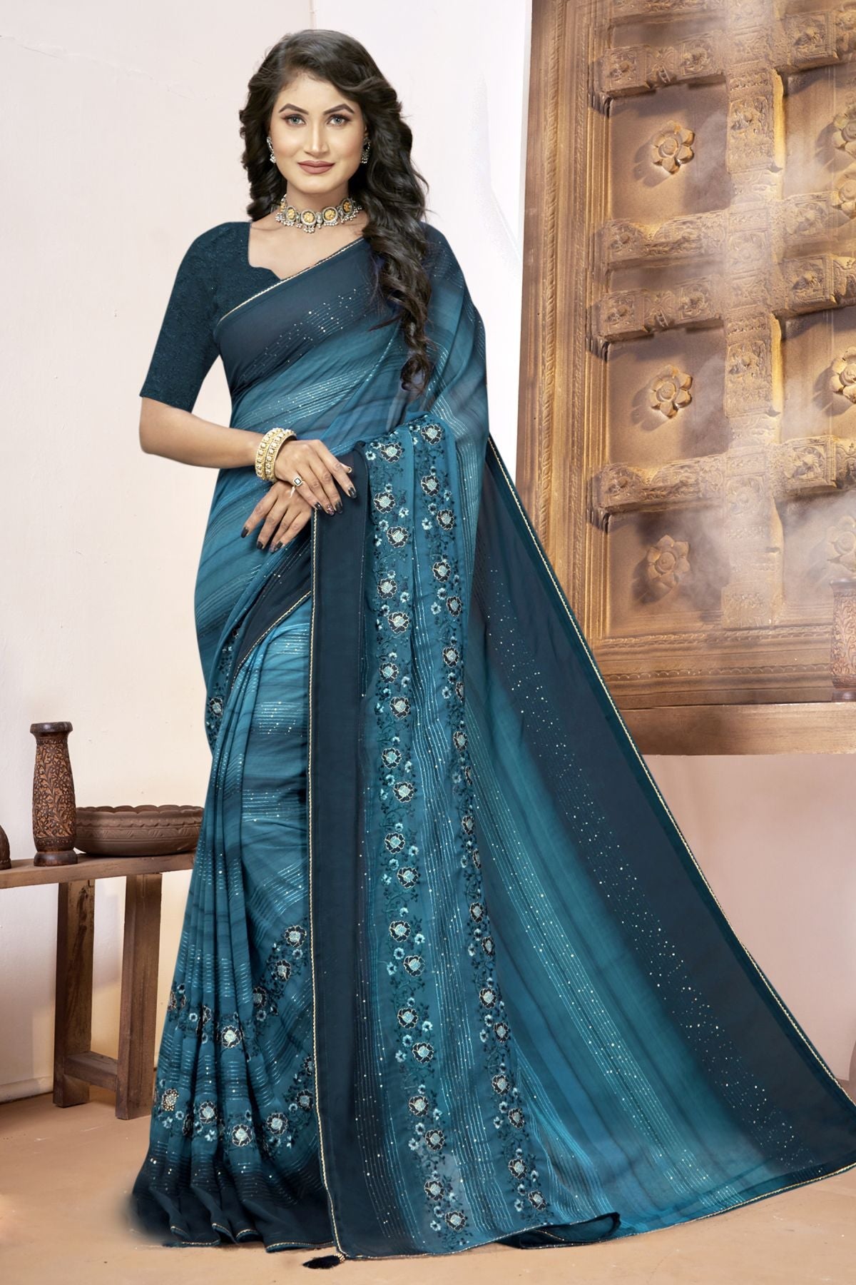 Elegant Blue Georgette Soft Silk Saree: Perfect for Party & Wedding Wear