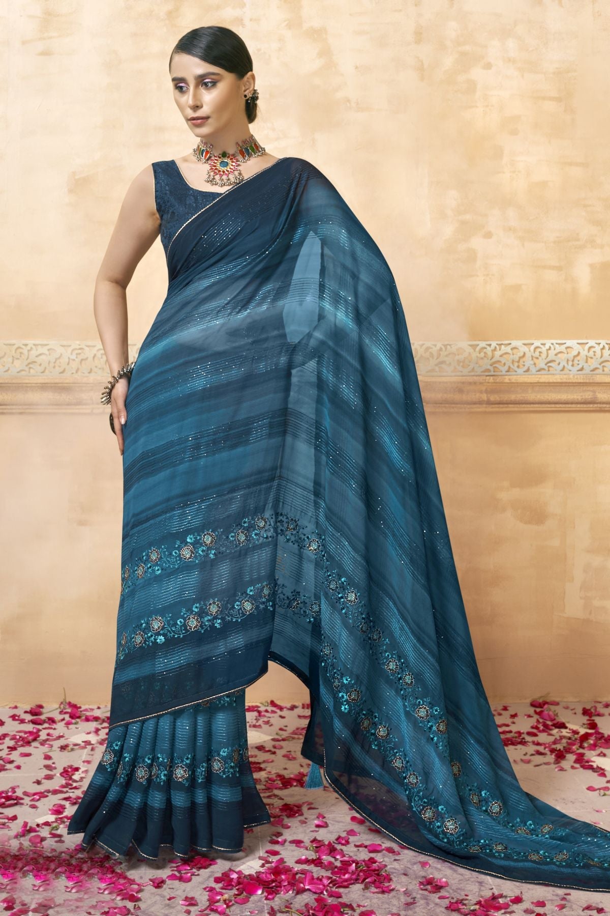 Elegant Teal Georgette and Soft Silk Saree: Perfect for Parties and Weddings