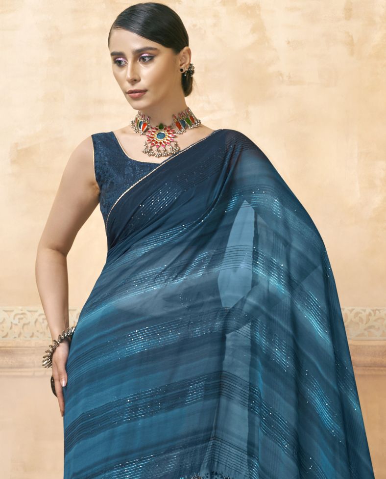 Elegant Teal Georgette and Soft Silk Saree: Perfect for Parties and Weddings